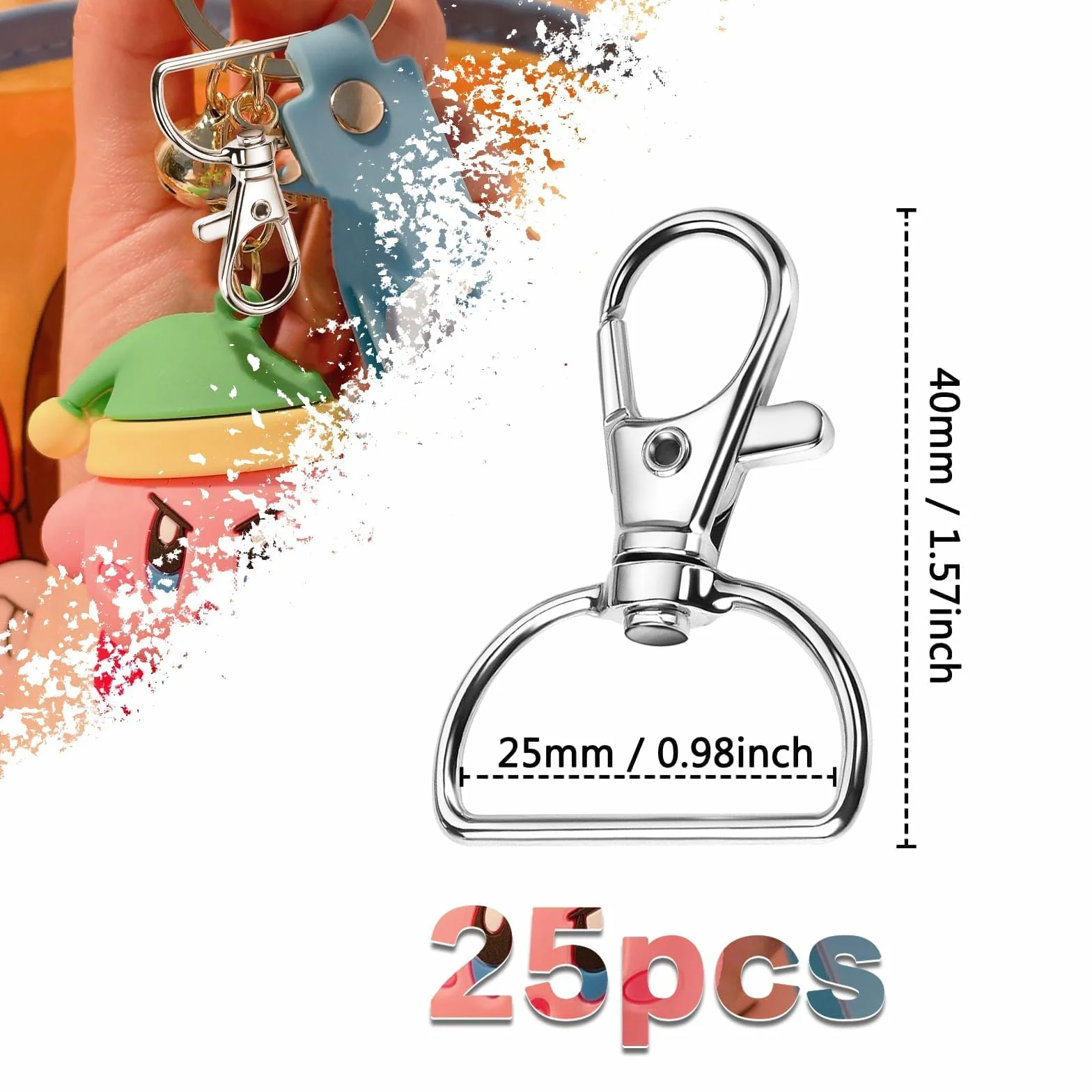 25 sztuk kółek na klucze, zamknięcie 25 mm, karabińczyk, pierścienie w kształcie litery D, metalowy breloczek do kluczy, obracany o 360° (srebrny)