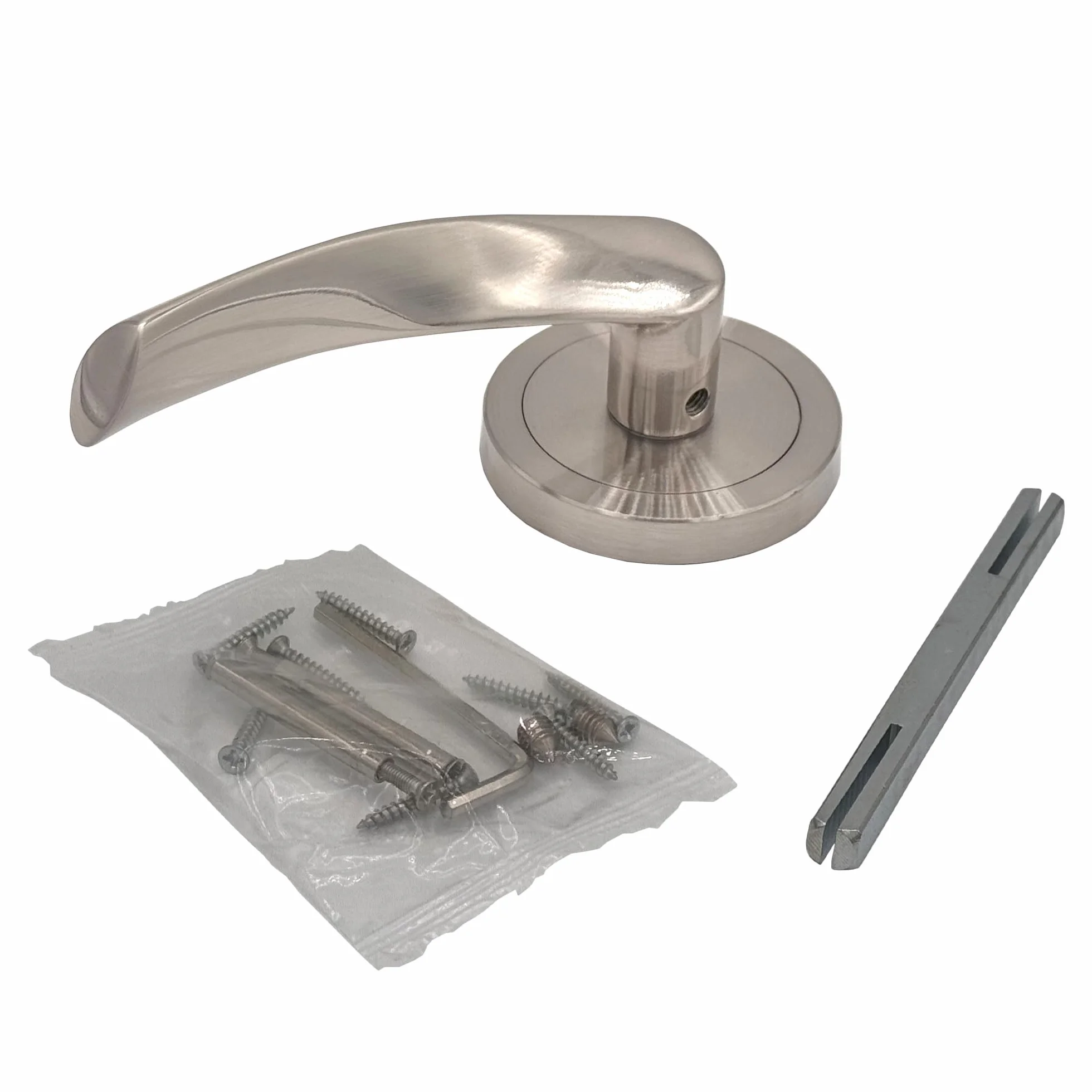 Zestaw klamek z szeroką rozetą 65 mm aluminiową rączką satynowy nikiel srebrny 135 x 65 x 65 mm