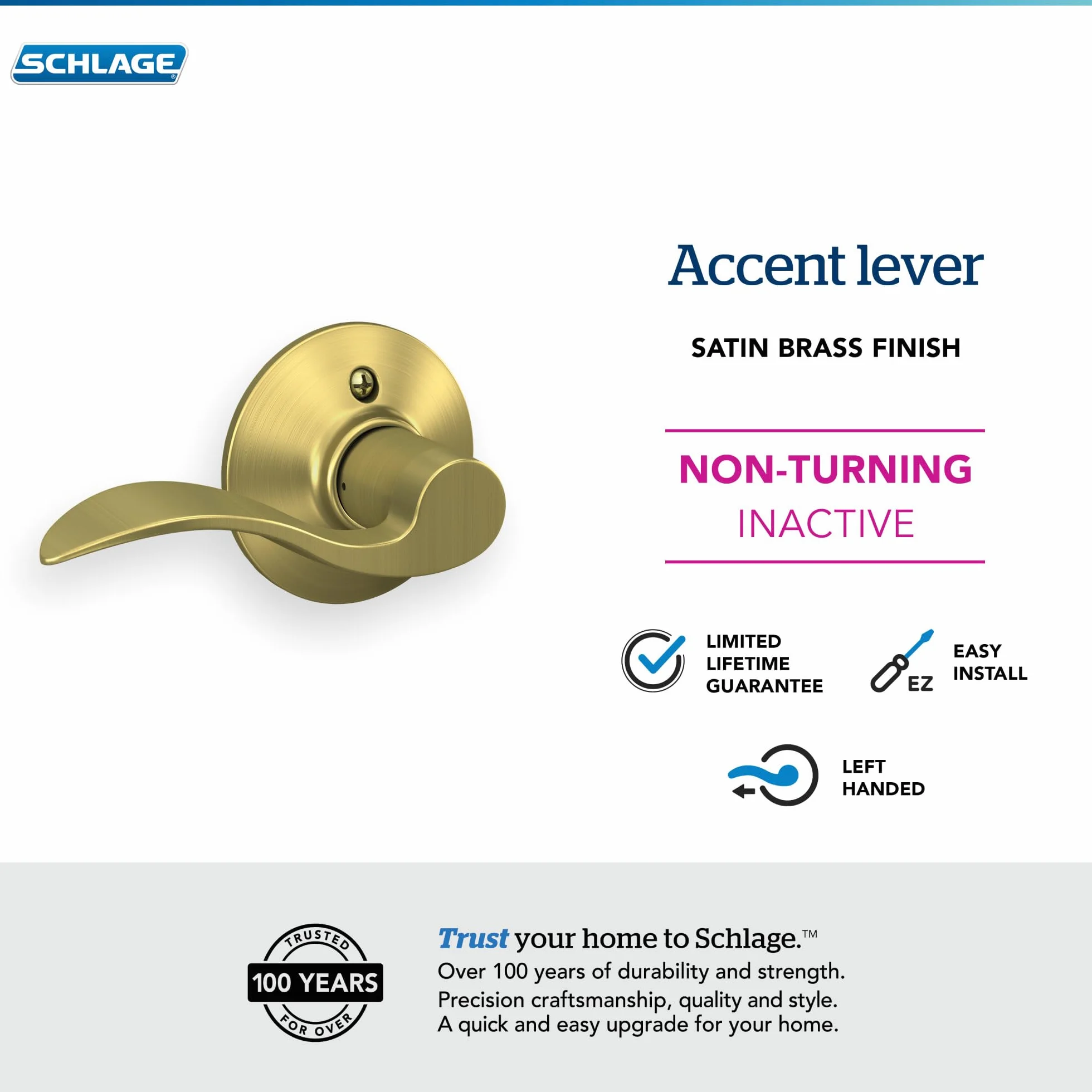 SCHLAGE F170 Acc 608 LH Nieobracająca się lewa dźwignia akcentująca satynowy mosiądz Lock Company