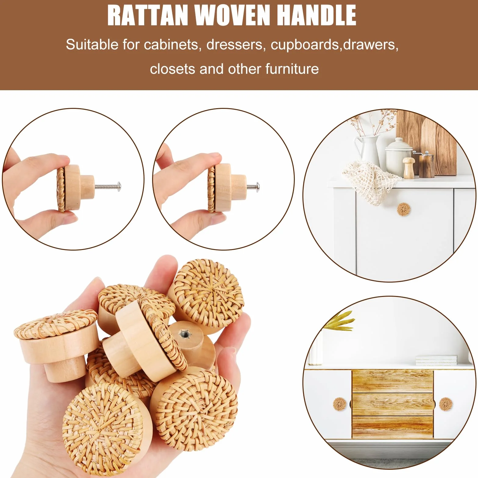 Gałki meblowe rattanowe 40 mm 8 sztuk naturalne drewniane boho do szafy