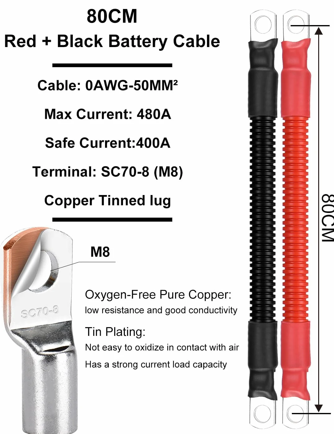 Kabel do akumulatora 50 mm2 0 AWG 80 cm silikonowy miękki elastyczny odporny na wysokie temperatury rura falista