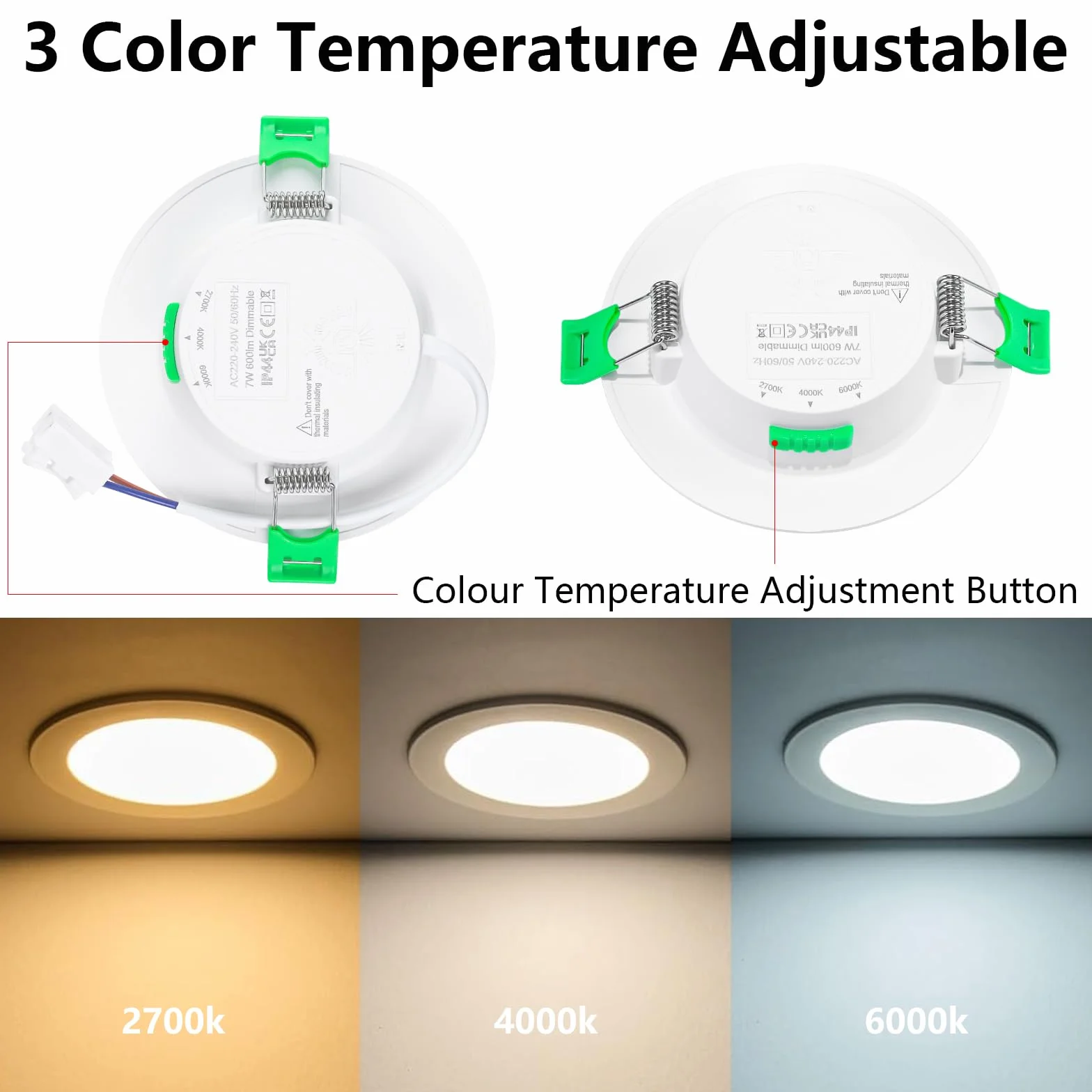 Wbudowane reflektory LED 6 szt., możliwość ściemniania 7 W, 220 V-240 V IP44 Lampa sufitowa LED do łazienki, kuchni, 3000K/4000K/6500K, białe 6 sztuk