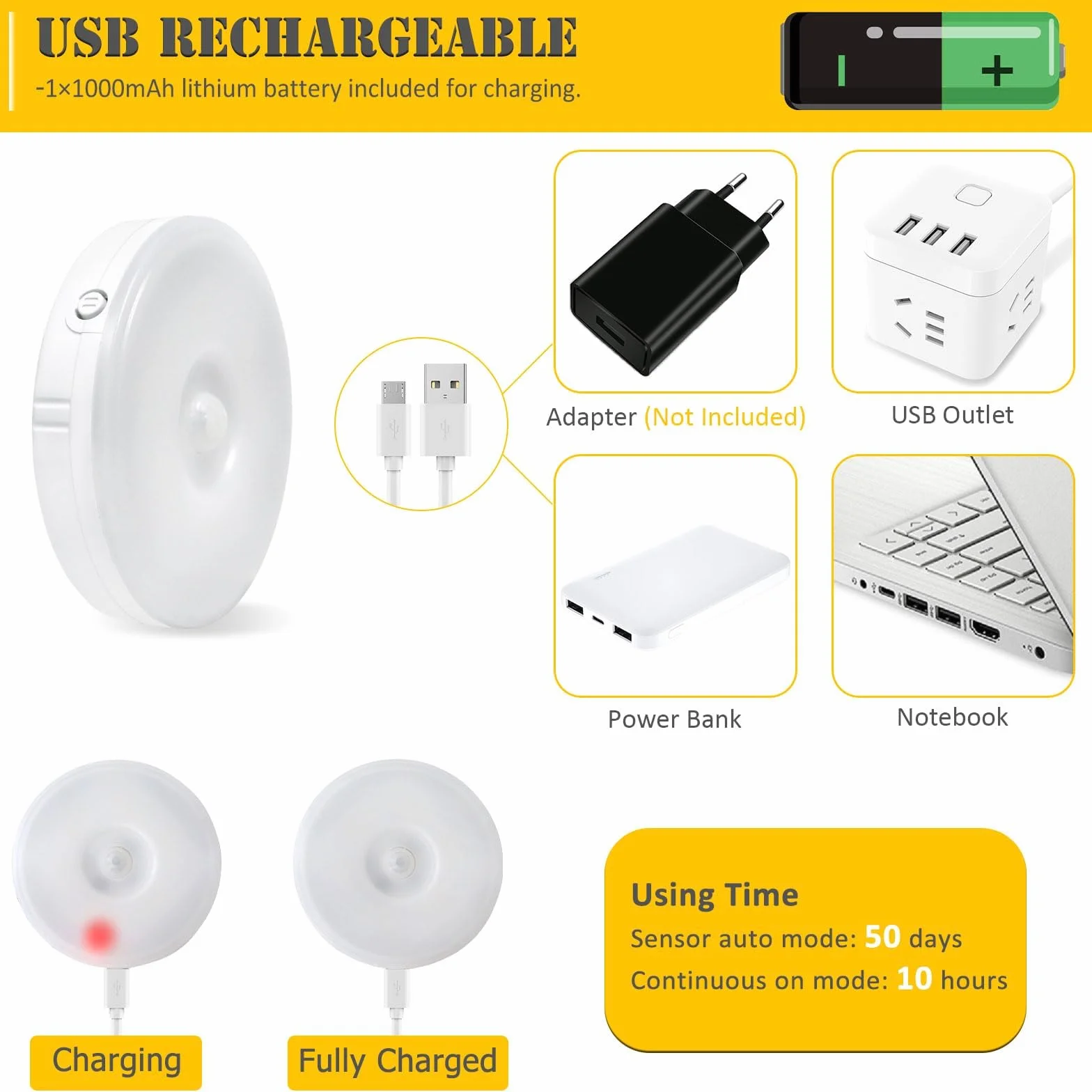 Lampka z czujnikiem ruchu, ściemnialna, ciepła biel, 10 diod LED, USB z możliwością ładowania, 0,5 W, bezprzewodowa lampka do szafki z czujnikiem, magnetyczna lampka do schodów, zestaw 3 sztuki