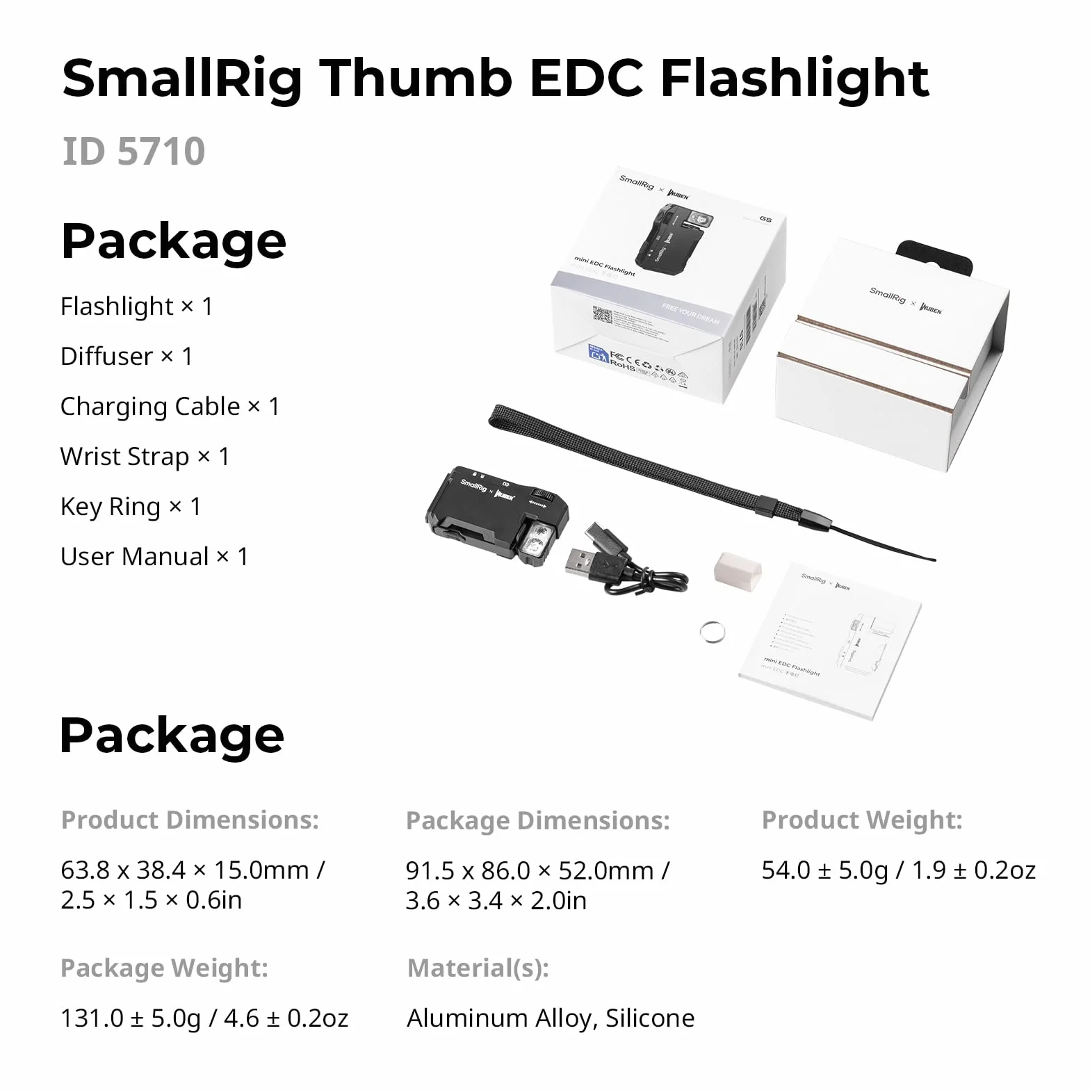 SMALLRIG Akumulatorowa mini latarka EDC 400 lumenów LED wodoodporna IP65 gwint 1/4"-20 dyfuzor 5710