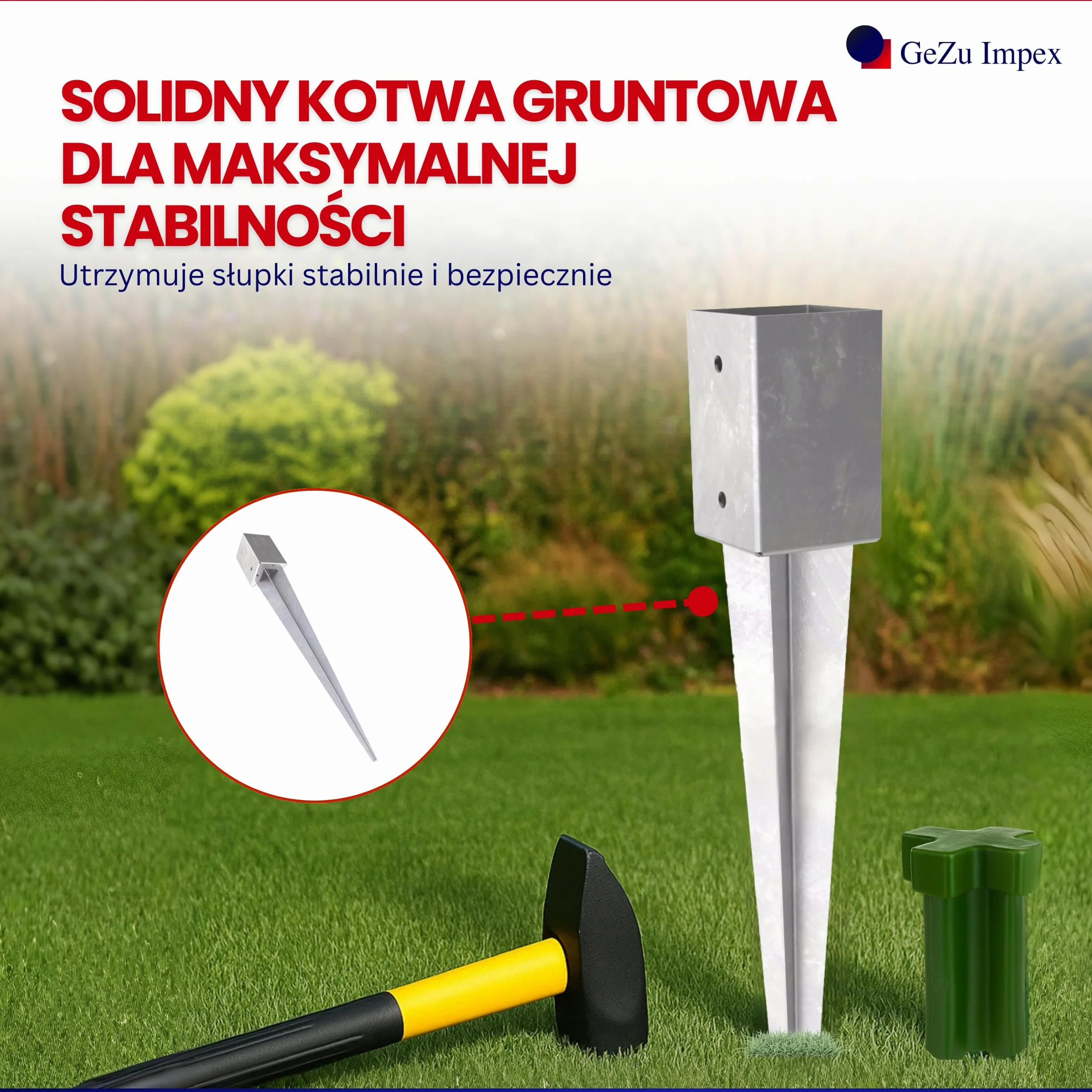 GeZu Impex® Wspornik słupkowy 71 x 71 x 750 mm ocynkowany ogniowo uchwyt ogrodzeniowy kotwica tuleja uziemiająca