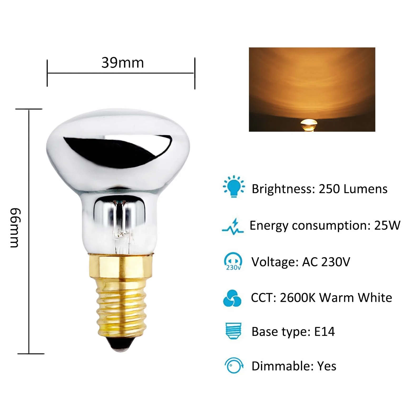 Żarówka E14 R39 25 W Ściemnialna Ciepła Biel 2600 K 250 lm Reflektorowa 5 Sztuk