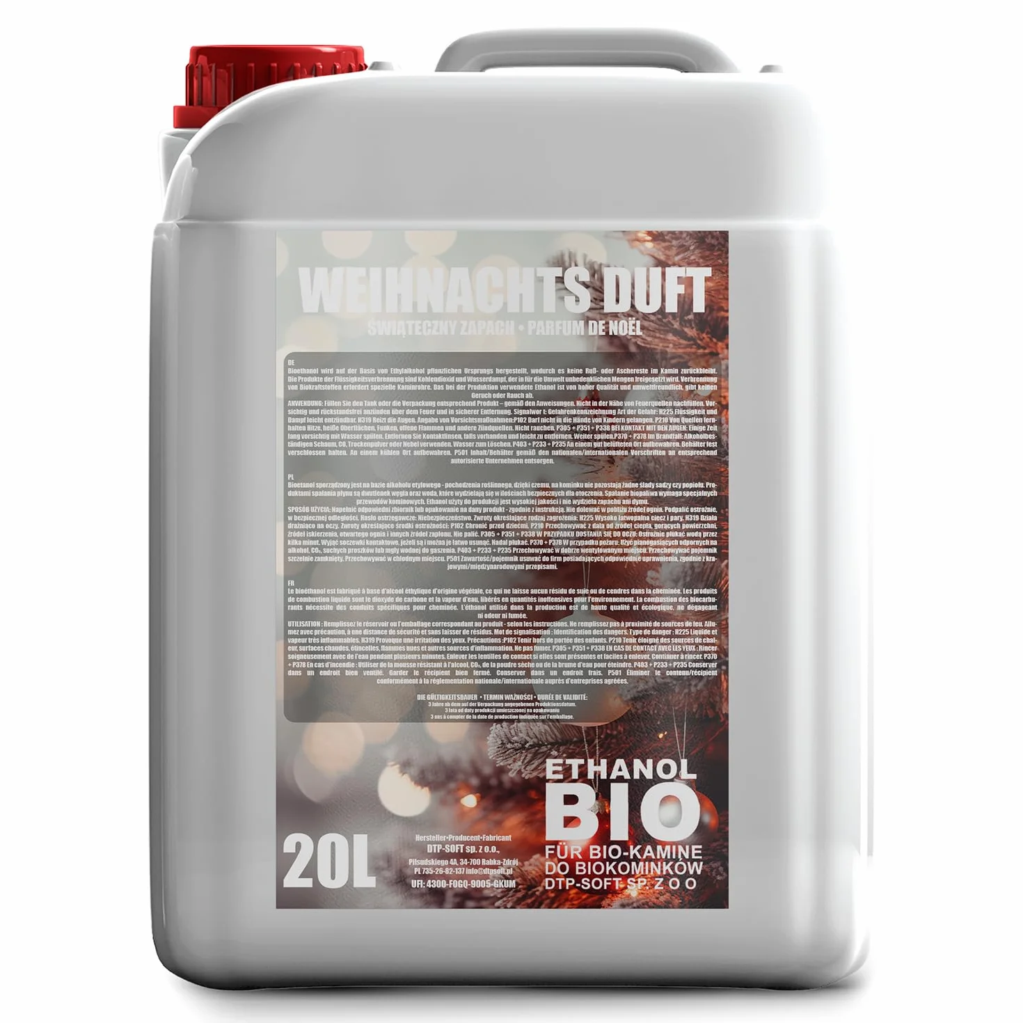 Bioetanol klasy premium, 20 l, 96,6% czysty, 1 x 20 l, ekologiczne paliwo do kominków na etanol, czyste spalanie, bezdymny, żywy i stabilny płomień (świąteczny zapach)
