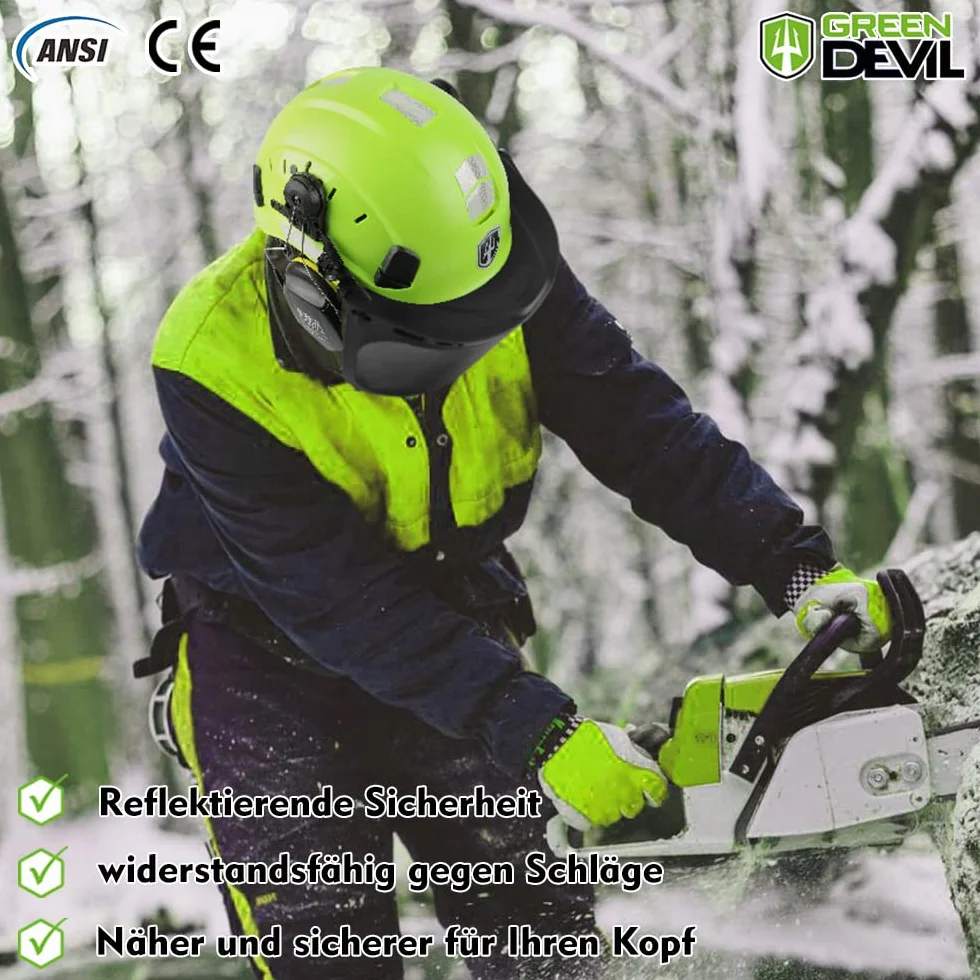 GREEN DEVIL Kask ochronny z piłą łańcuchową 3 w 1, ochrona słuchu i twarzy, EN397 EN 352-3