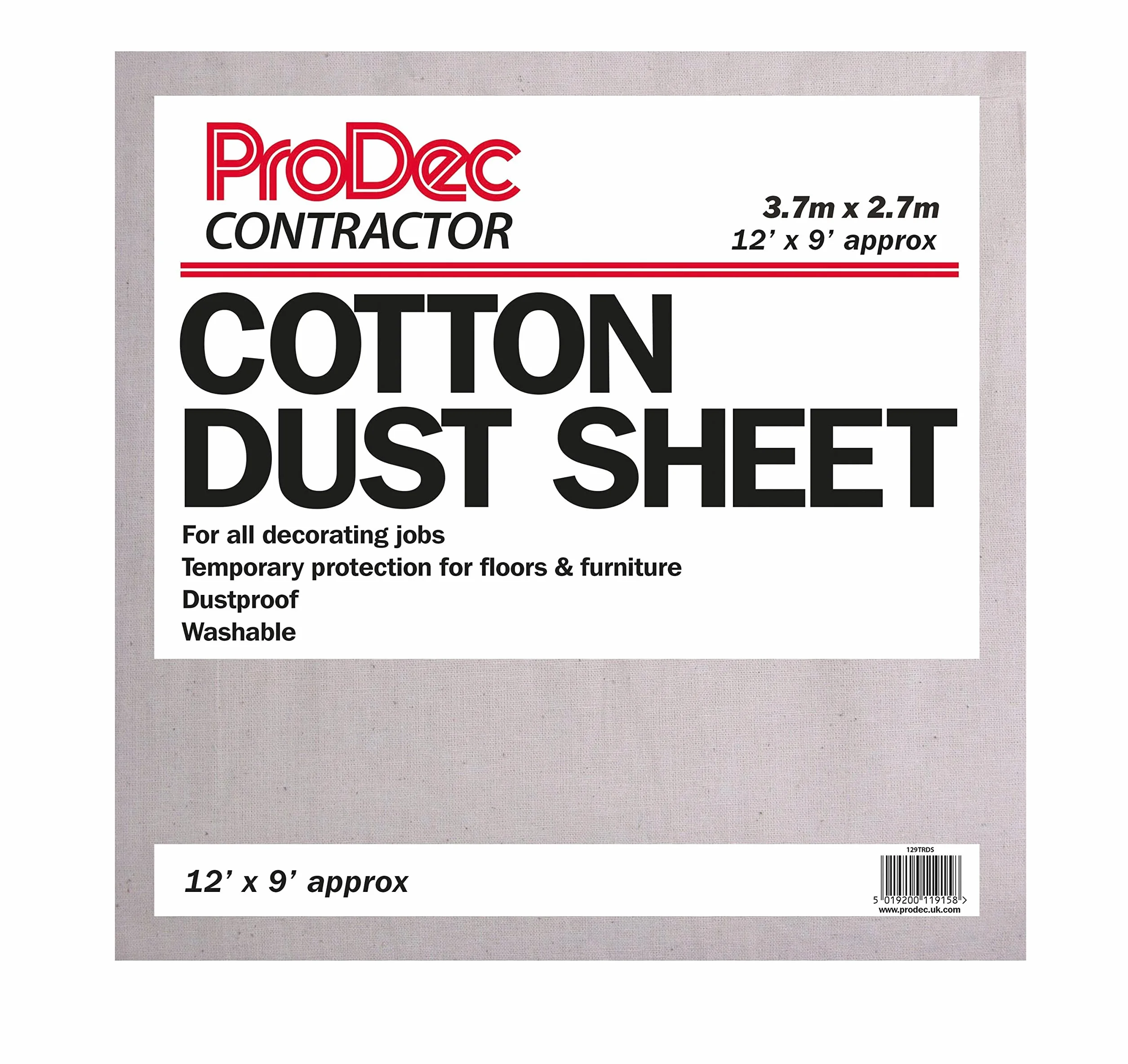 ProDec Contractor 12ft x 9ft bawełniany arkusz przeciwpyłowy do dekoracji, ochraniacz dywanu, zmywalna ściereczka, osłona przed farbą, arkusze malarskie, wytrzymałe arkusze przeciwpyłowe do mebli