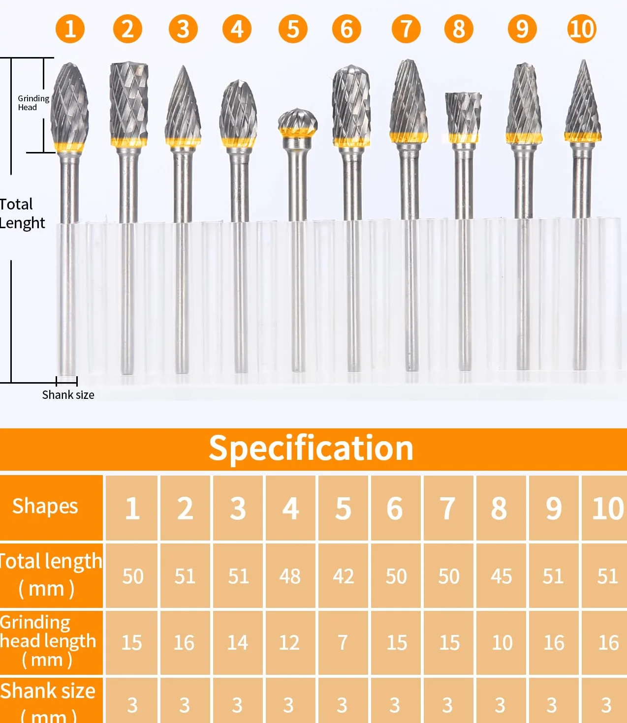 Zestaw frezów z węglików spiekanych kompatybilny z Dremel, 10 elementów drążka 1/8"
