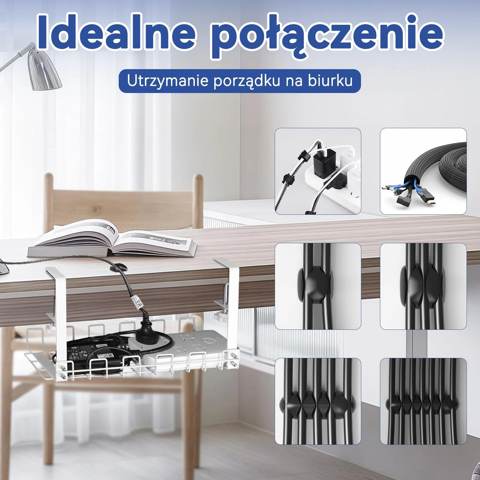 HOMMAND Kanał Kablowy na Biurko, Taca do Zarządzania Kablami pod Biurkiem, Stalowe Organizery Kabli Biurkowych, Organizer Kabli pod Biurko do Zarządzania Kablami i Listwami Zasilającymi, Biały
