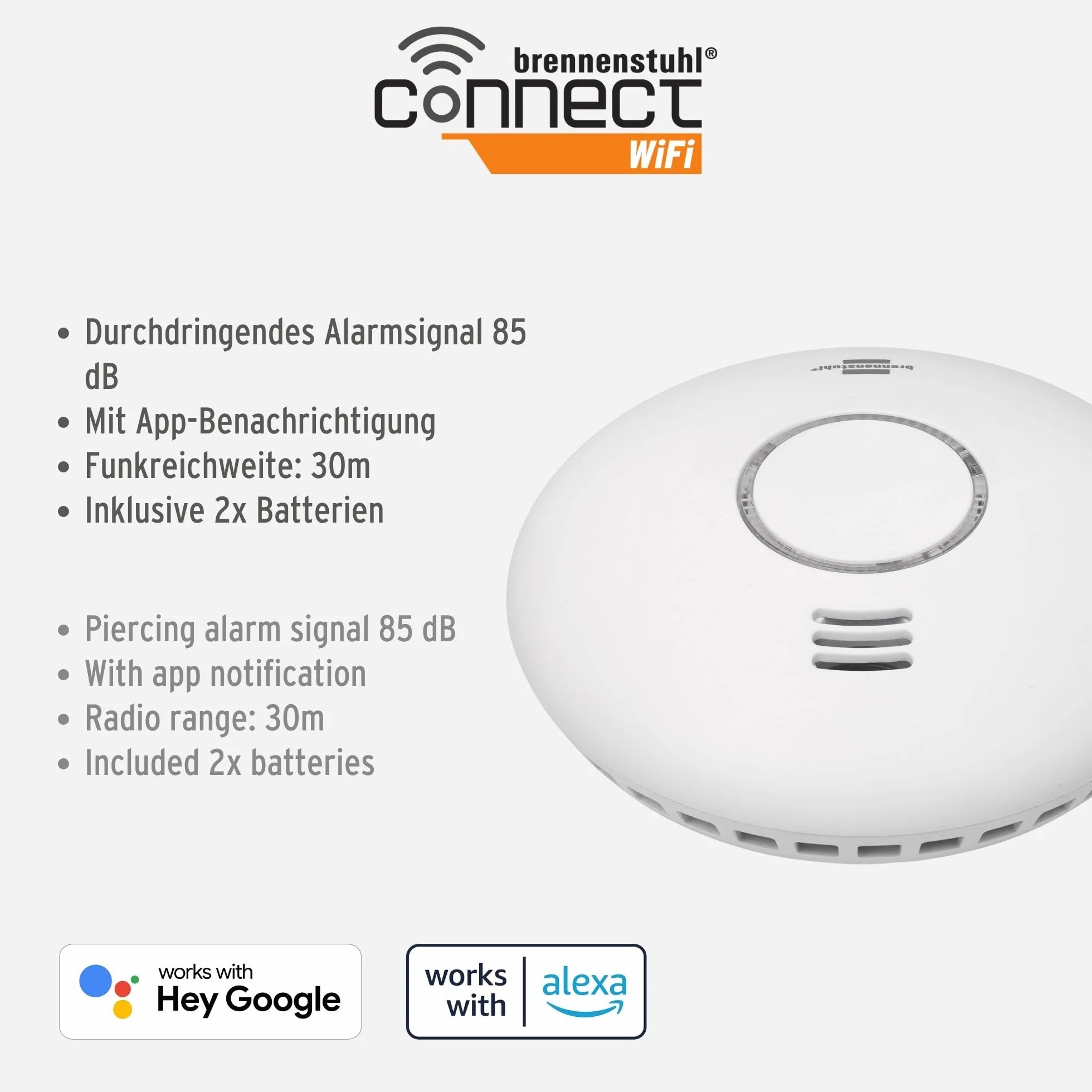 Brennenstuhl Connect WiFi czujnik dymu i ciepła WRHM01 z powiadomieniem aplikacji, 2x baterie, EN 14604