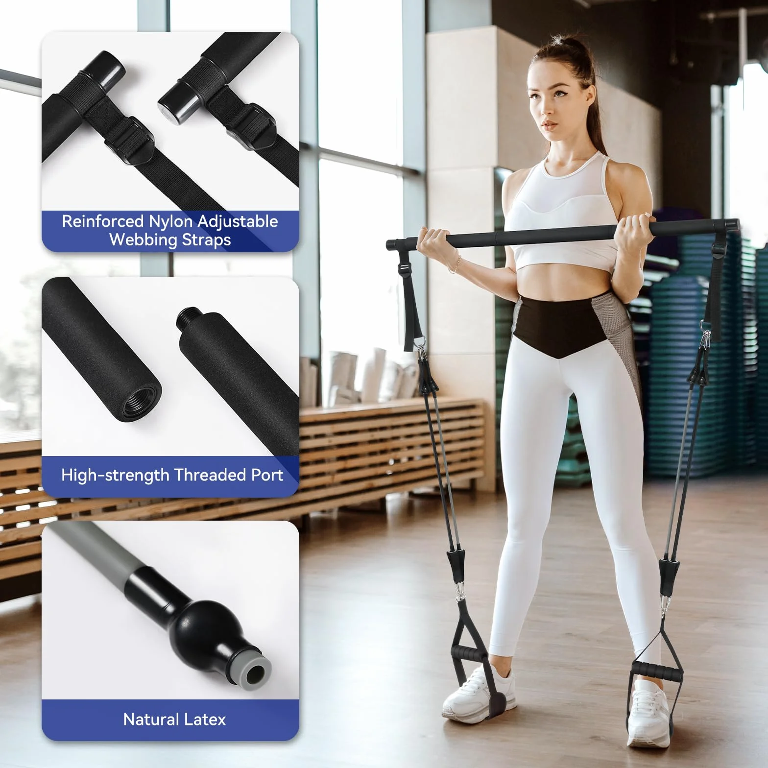 ALongSong Zestaw batoników do pilatesu z 4 elastycznymi taśmami oporowymi z lateksowymi elastycznymi taśmami oporowymi, 9 kg, 18 kg, 3 sekcje do pilatesu, przenośny domowy trening fitness do jogi,