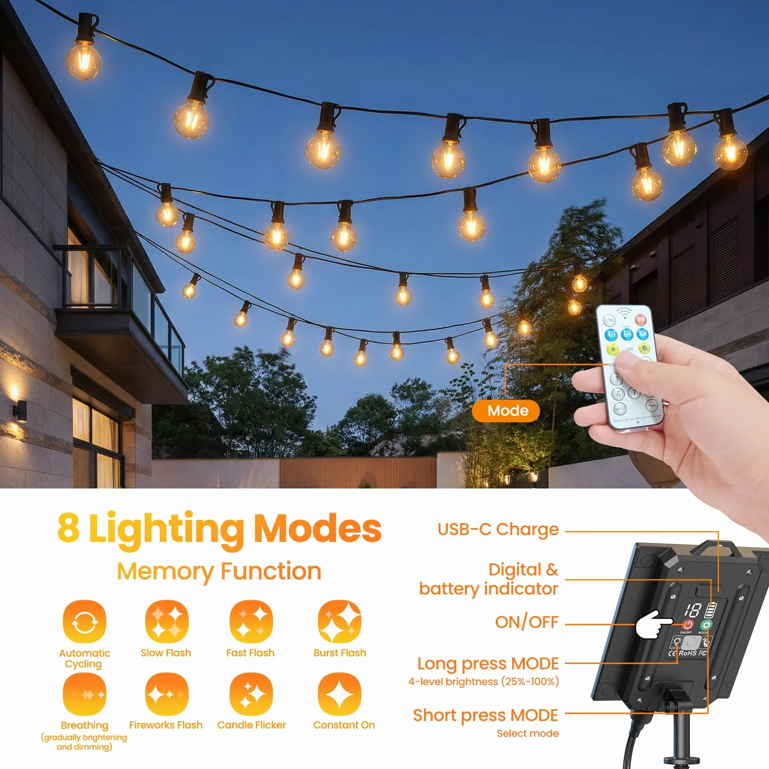 Quntis Girlanda Solarna 12M/41ft 15+1 Żarówek LED 8 Trybów Jasności IP44 Ciepły Biały