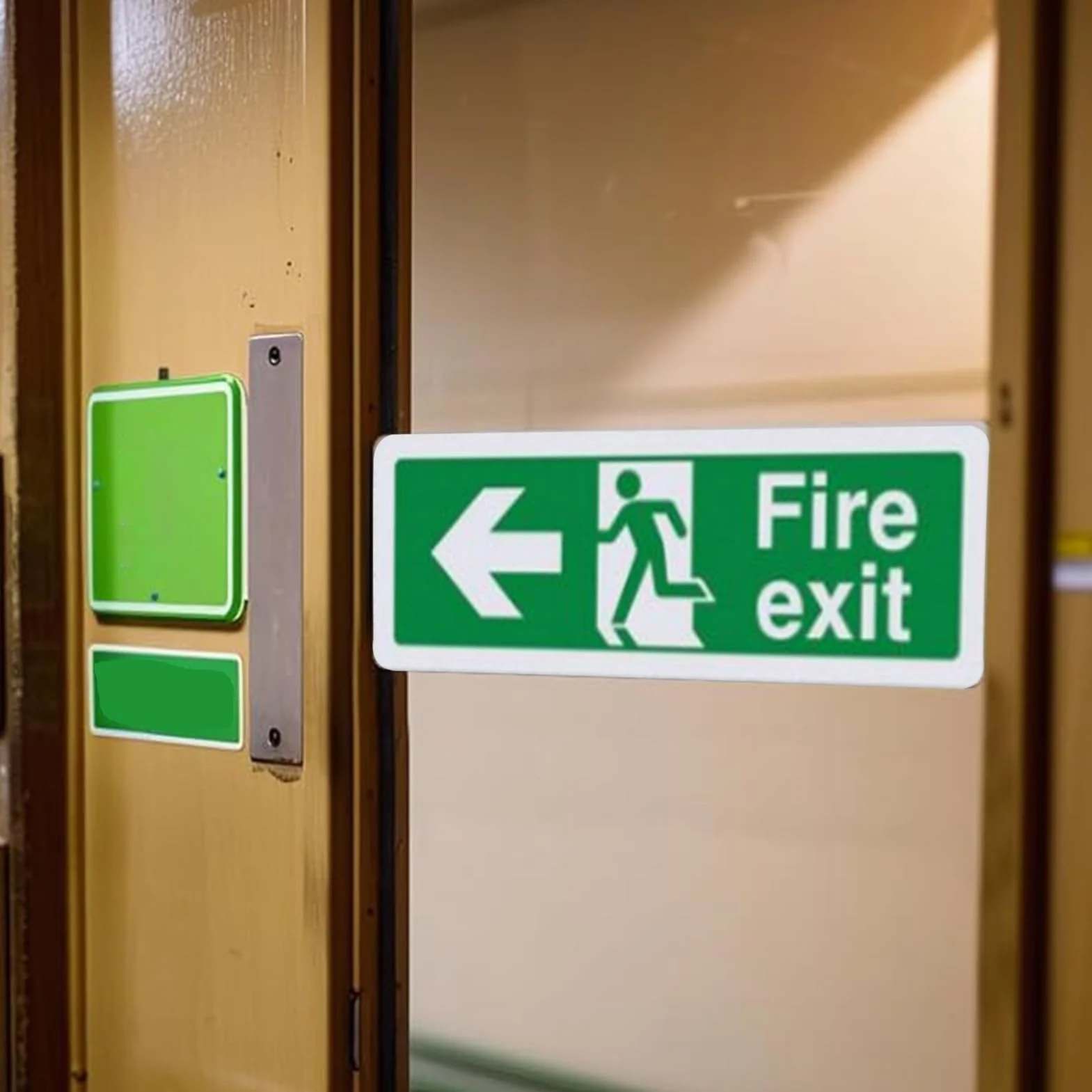 Znak Fire Exit, zestaw naklejek samoprzylepnych, 21 x duża czcionka, człowiek biegnący prawo, znaki bezpieczeństwa