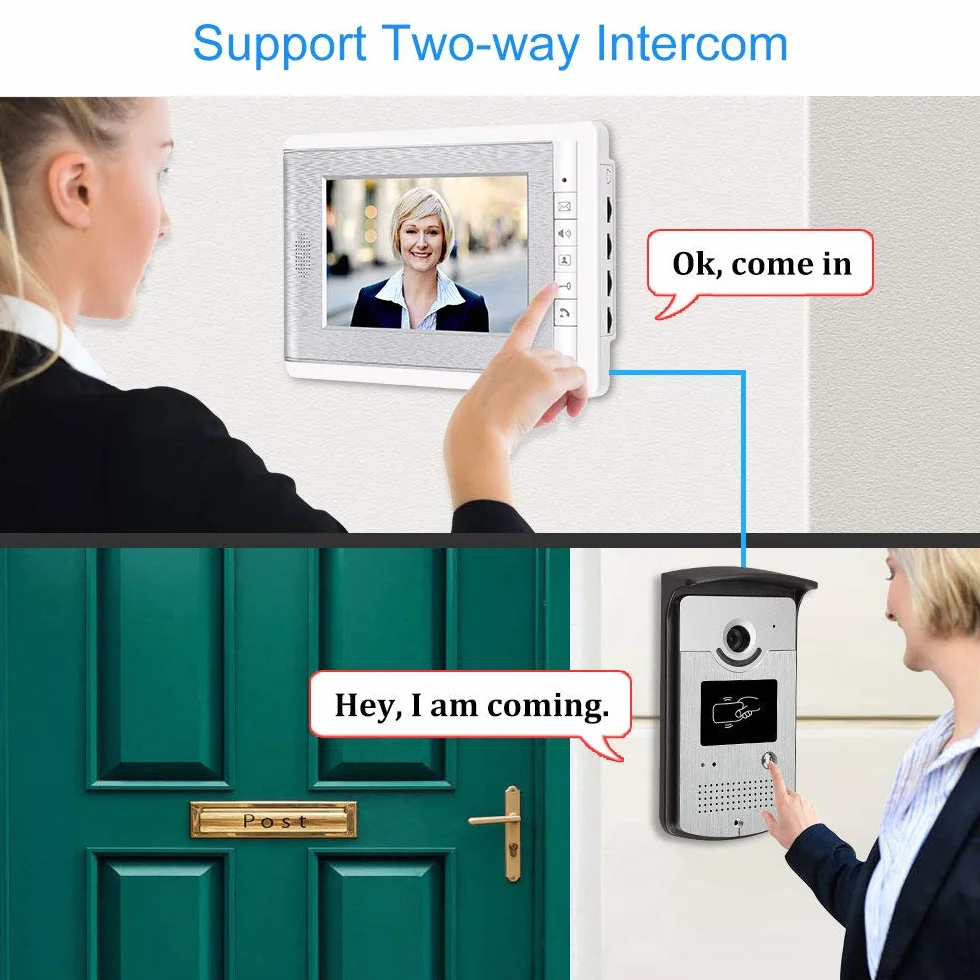 2 monitory domowy domofon wideo telefon drzwi system kontroli dostępu do kamery RFID 7'' kolorowe ekrany TFT obsługa odblokowywania EM + 10 szt. ID niebieski pilot (1 kamera 1 monitor)