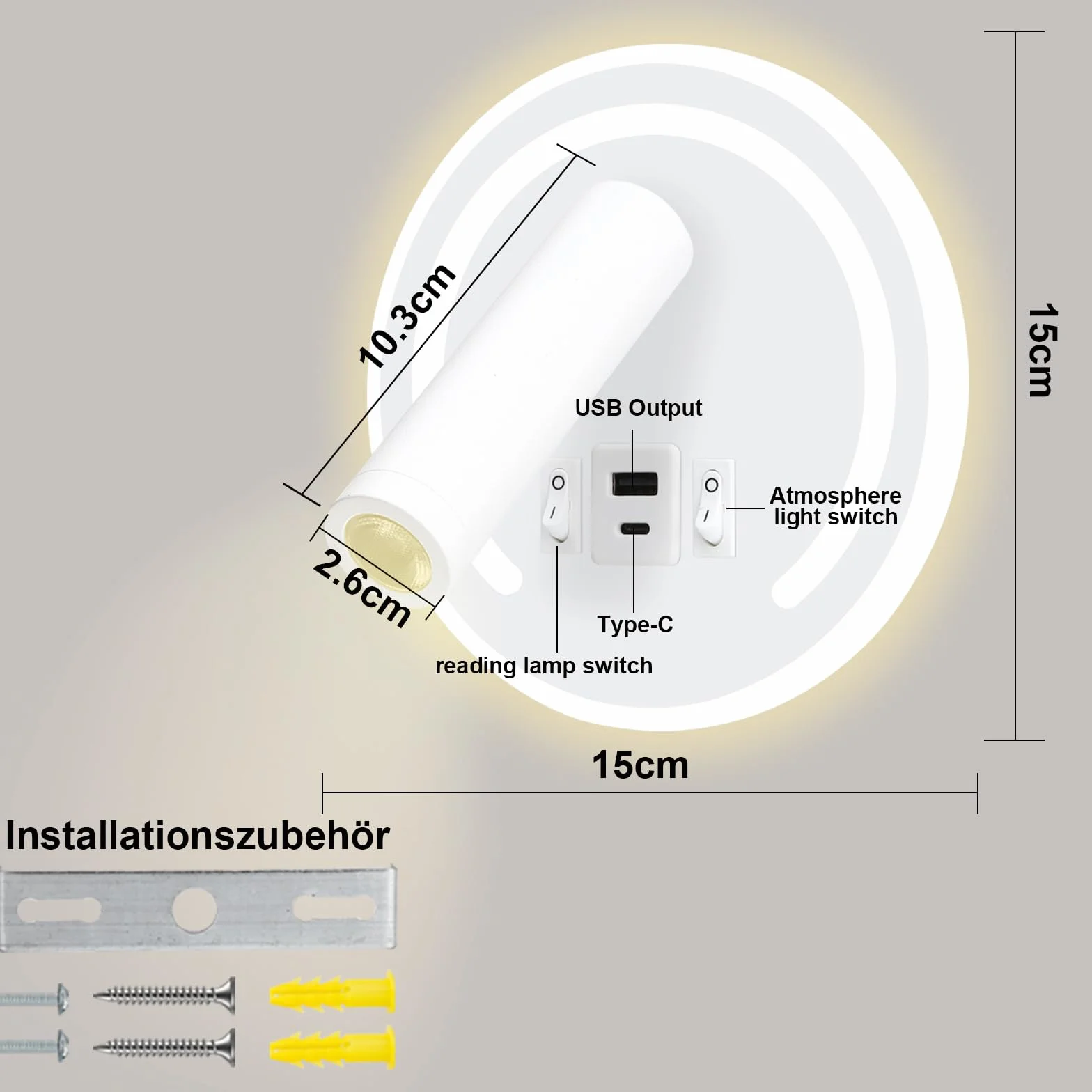 Lampa do czytania ścienna LED 3W+9W USB obrotowa 3000K biała okrągła
