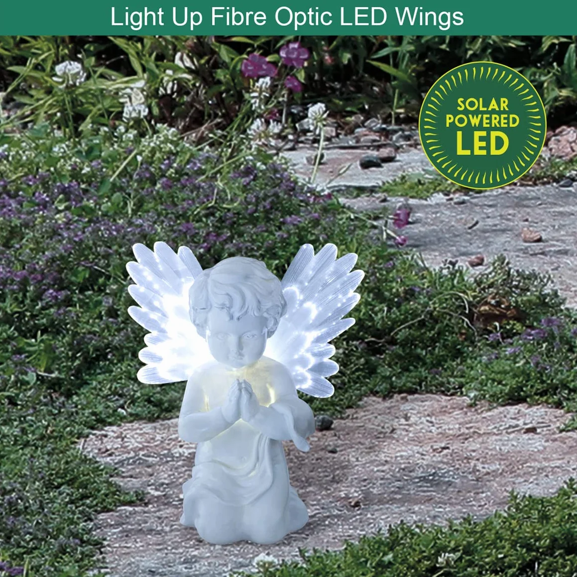 GardenKraft 12680 Zasilane energią słoneczną LED Angel Light Cherub ze skrzydłami światłowodowymi ciepłe białe diody LED