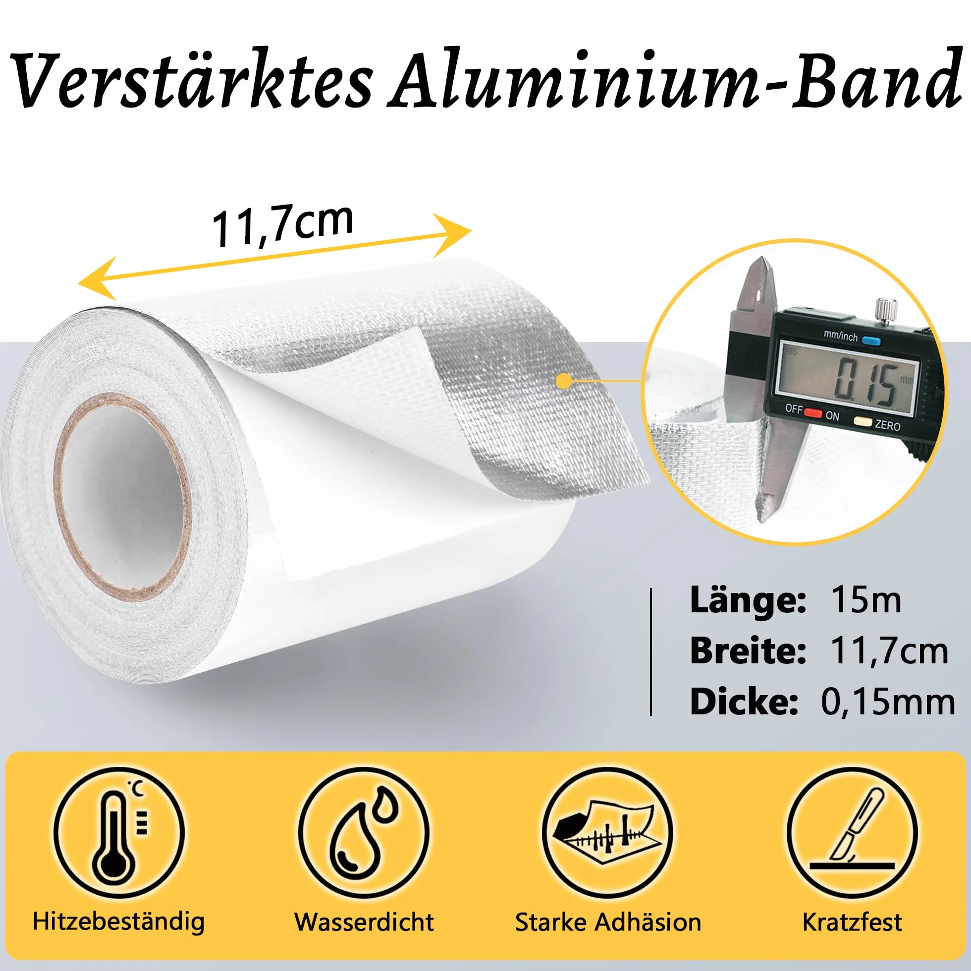 HONGTAISHENG Aluminiowa taśma klejąca 119 mm x 15 m wodoszczelna odporna na wysokie temperatury wzmocniona siatką szklaną