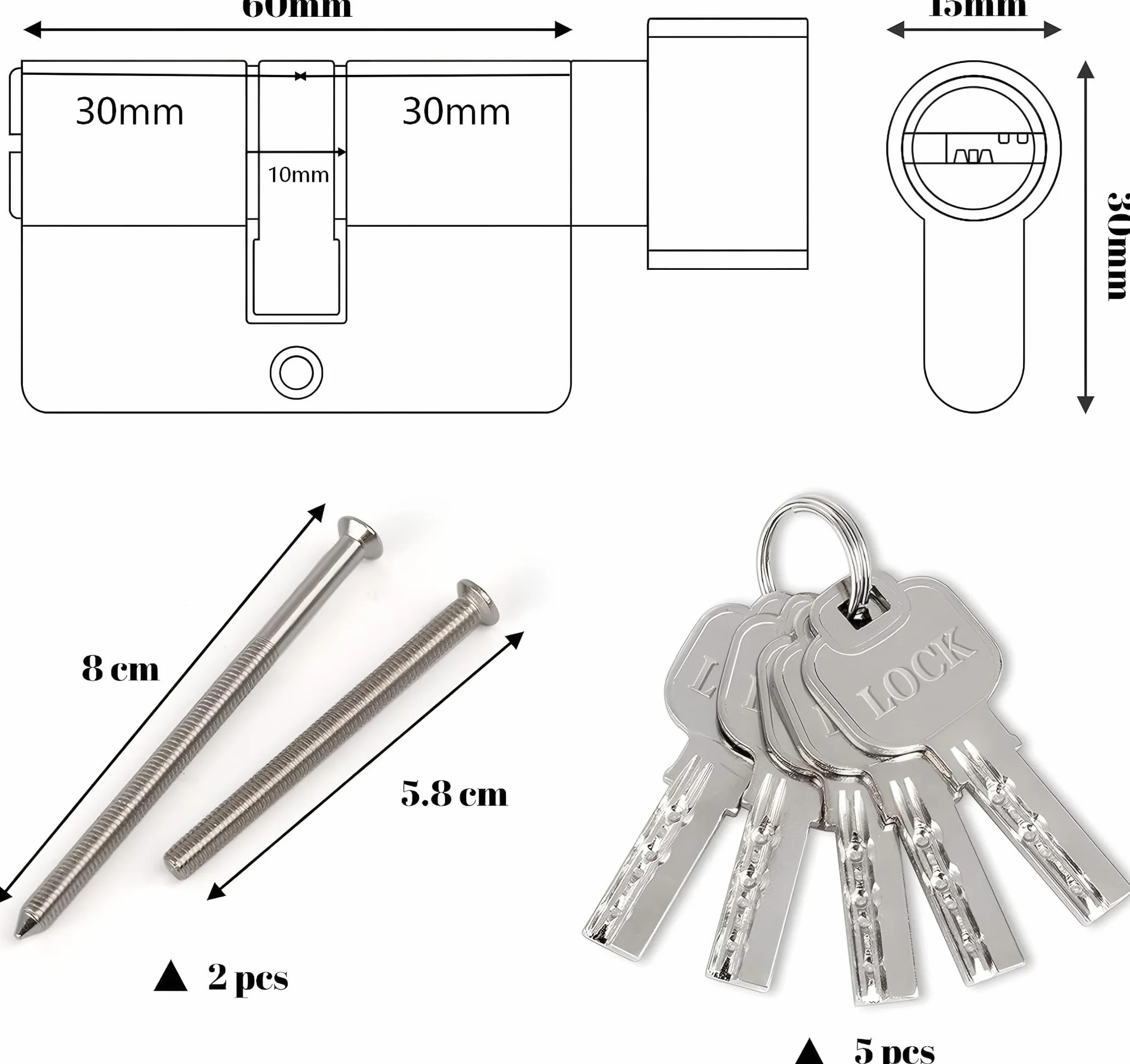 Hengsong cylinder z gałką zamek bębenkowy 30/30 metalowy srebrny zestaw 5 kluczy 6 cm