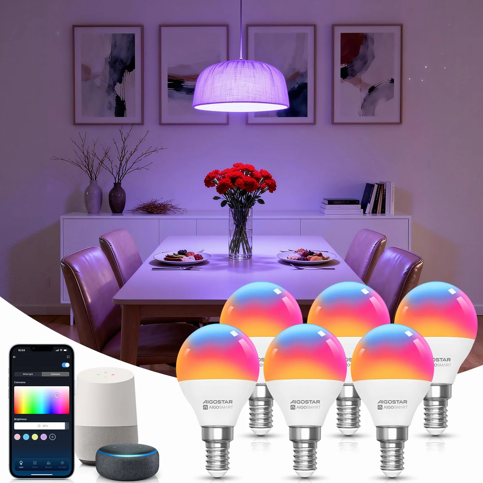 Aigostar Lampa Alexa Inteligentna Żarówka LED SL2 G45 E14 6,5W RGB Ciepła/Zimna Ściemnialna 6 Sztuk