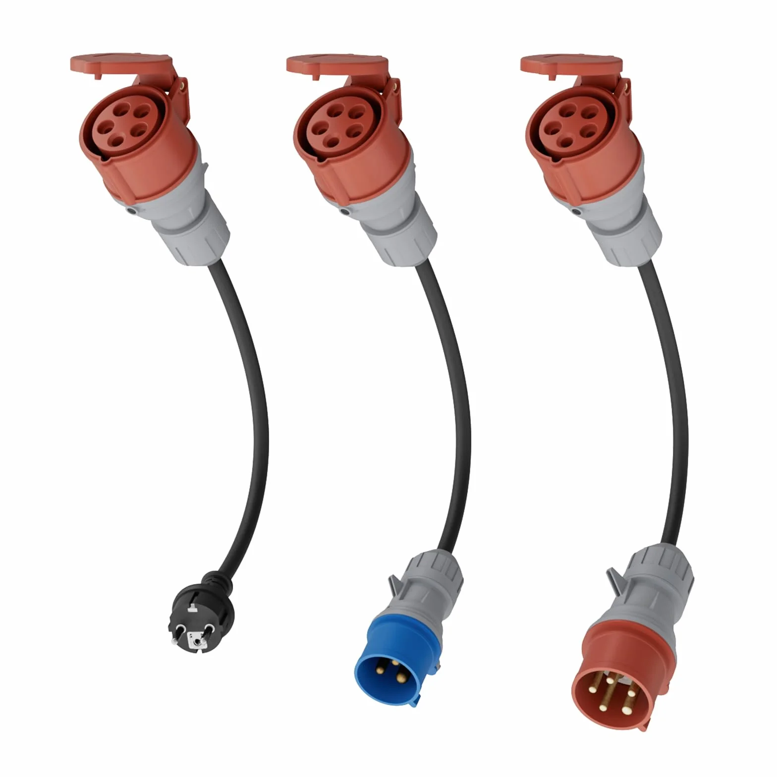 Zestaw adapterów CEE 16A 5-pin 3-fazowy 32A czerwony 1-fazowy 16A niebieski Schuko do EV