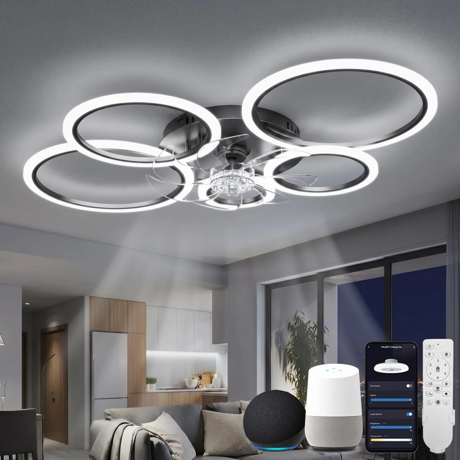 Wentylator sufitowy LED z silnikiem DC, kompatybilny z Alexa, Asystent Google, 6 prędkości, ściemnianie, tryb letni/zimowy