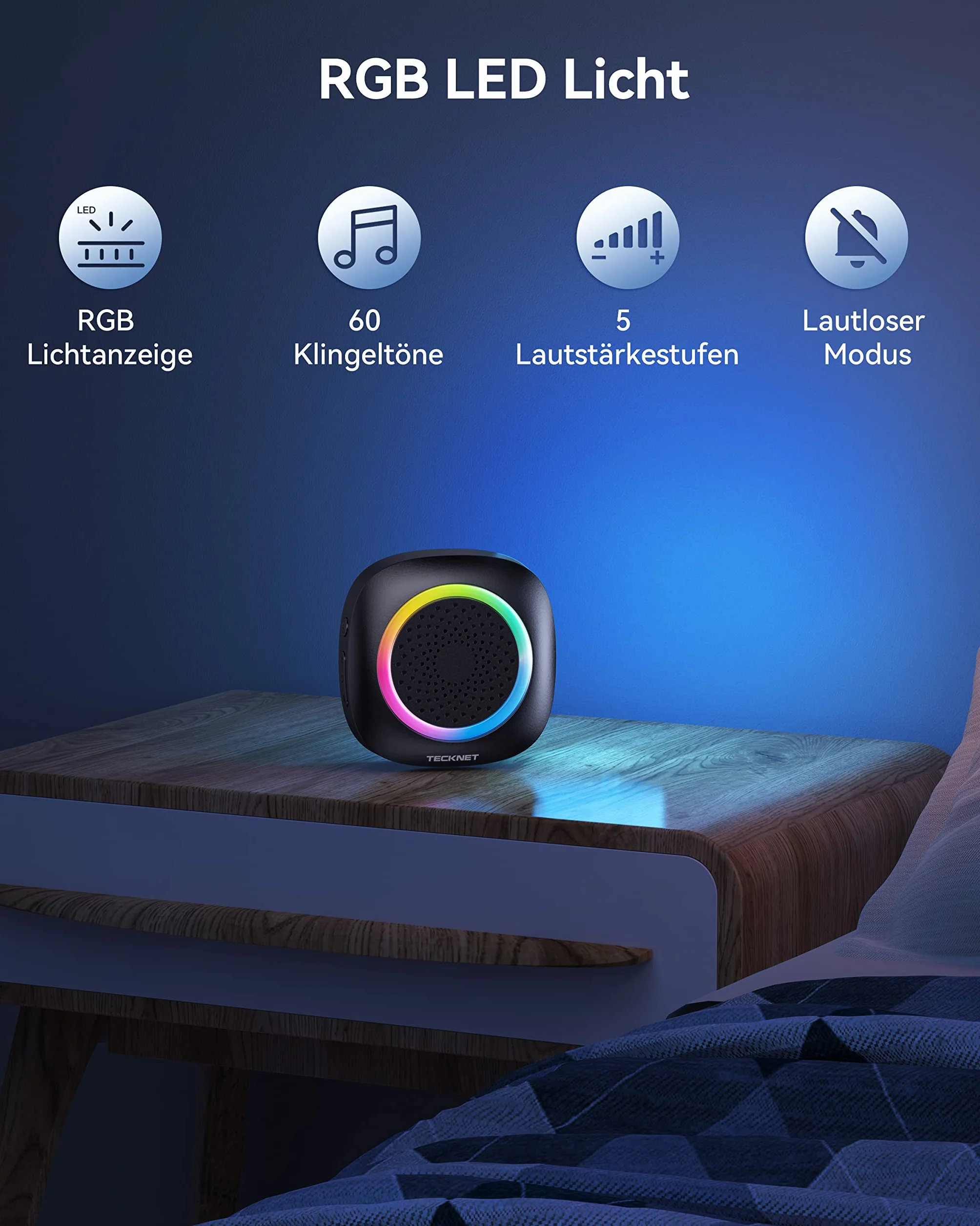 TECKNET Bezprzewodowy dzwonek do drzwi, zasilany baterią, wodoodporny IP66, zasięg 400 m, 5 poziomów głośności 60 melodii, wymienna bateria RGB bezprzewodowy dzwonek do drzwi, do domu, biura,