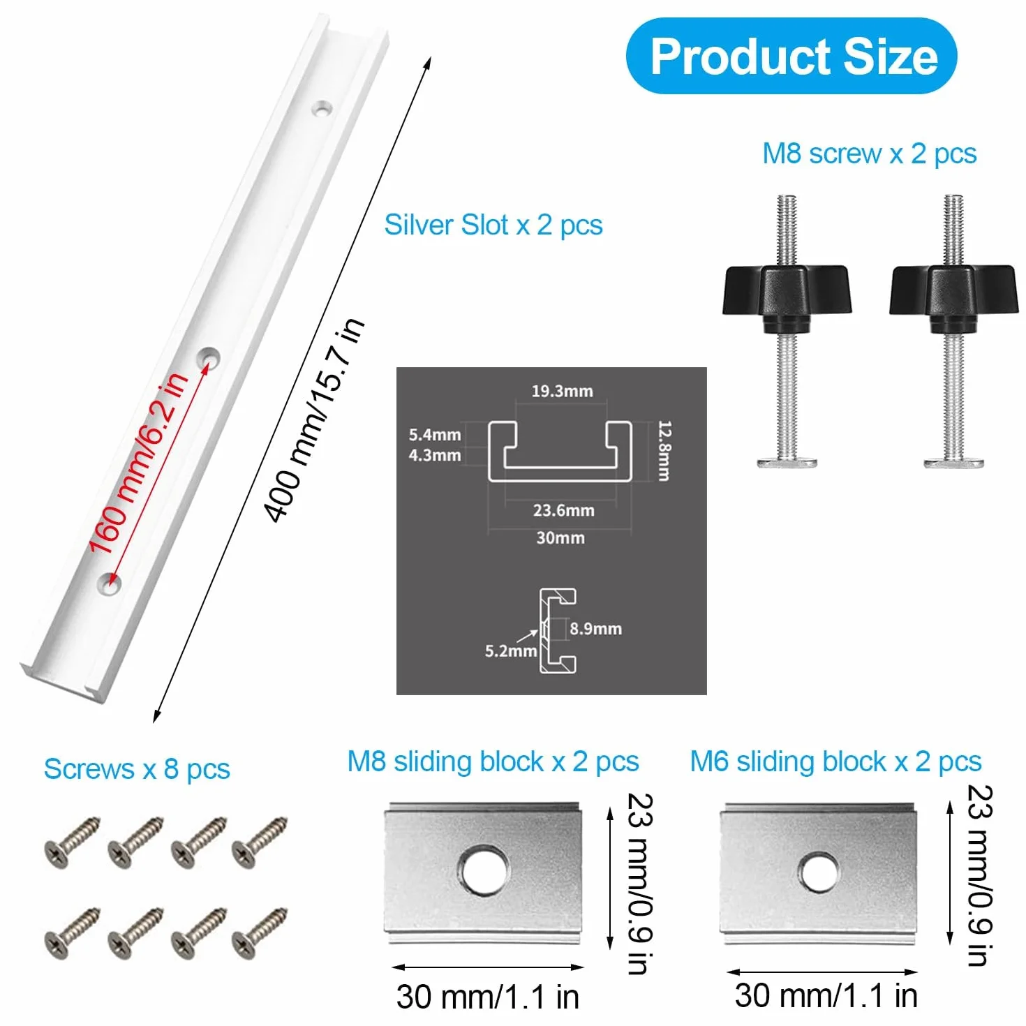 Szyny ślizgowe z rowkiem T M8/M6 400 mm aluminiowy profil T-Track z suwakiem M8/M6