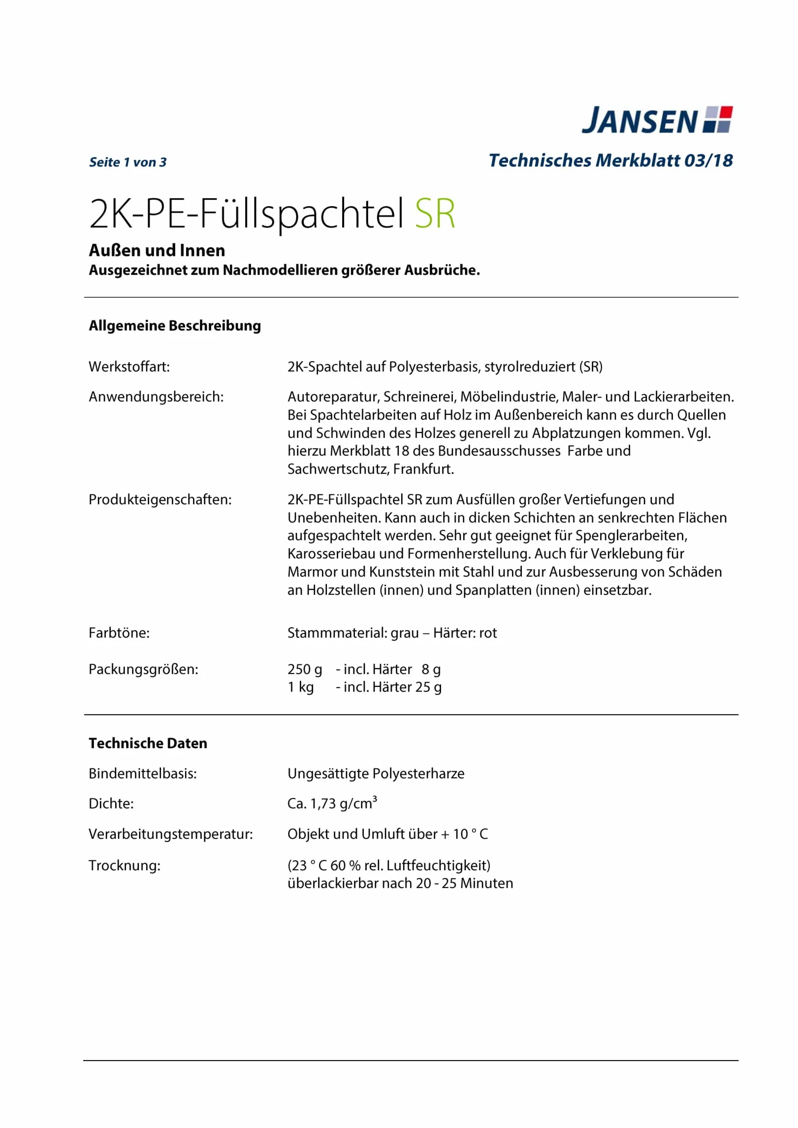 Jansen 2K-PE szpachla wypełniająca SR 1 kg