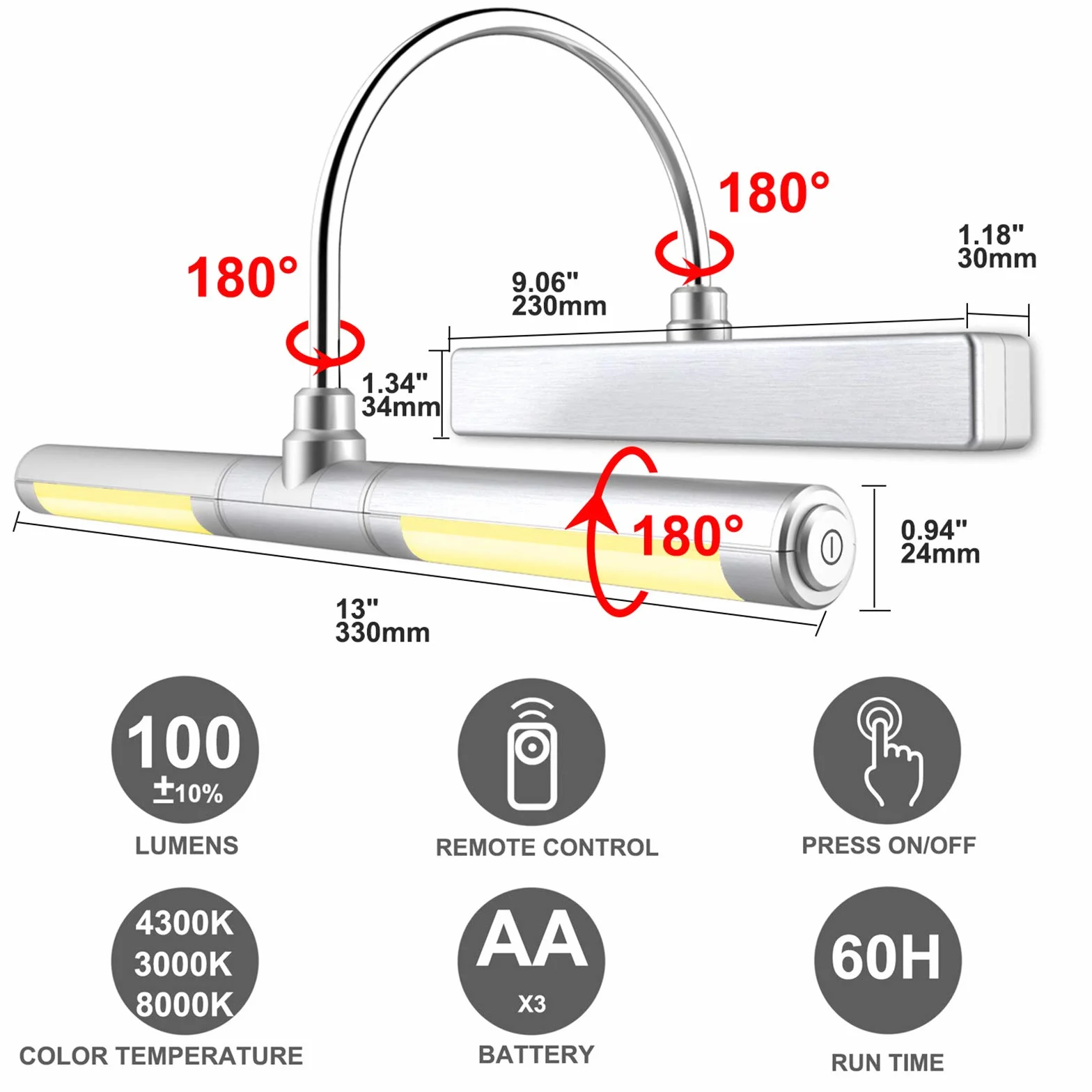 BIGLIGHT Oświetlenie obrazu z pilotem zdalnego sterowania, bezprzewodowe oświetlenie ścienne LED zasilane na baterie, obracana głowica świetlna 33 cm, 3 tryby oświetlenia, ściemniane światło do zdjęć tarczy rzutek - srebrny