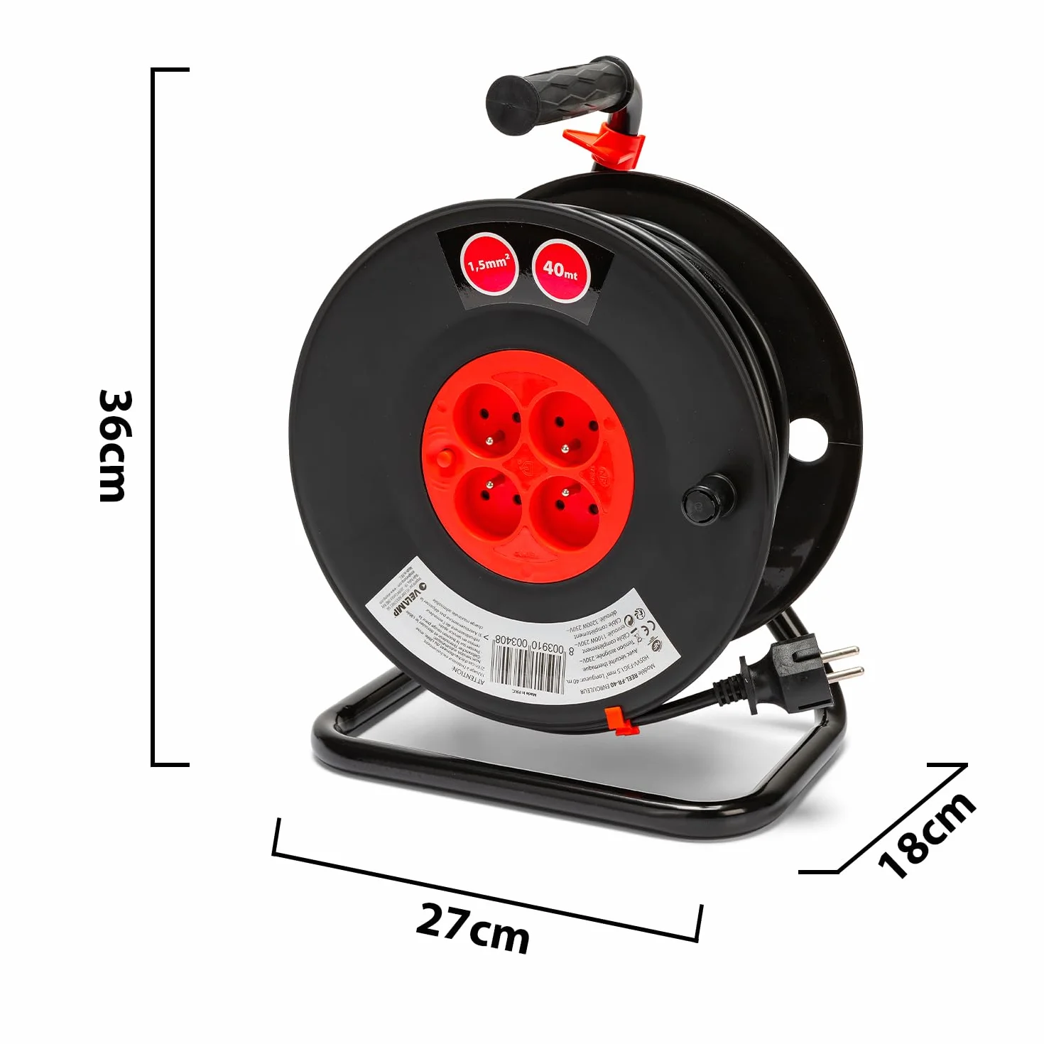 Velamp REEL-FR-40 Rallonge Prolongateur électrique 40 m avec enrouleur 4 Prises 16 A section 3G1,5 mm² + coupe-circuit. Noir et Rouge