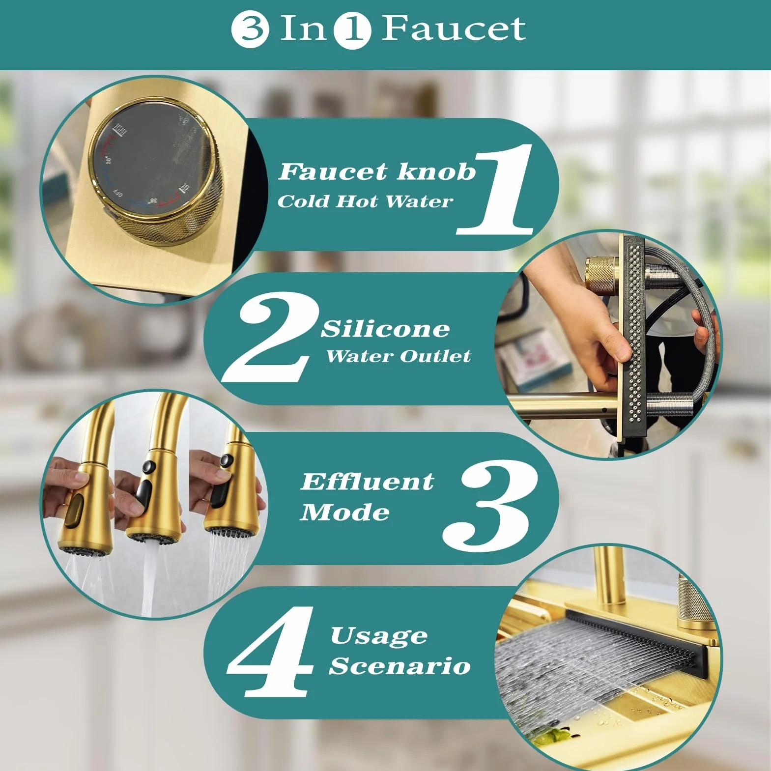 Gold Nano Kitchen Waterfall Sink Set with Multi-Function Pull-Out Faucet Deep Single Bowl 75x45cm