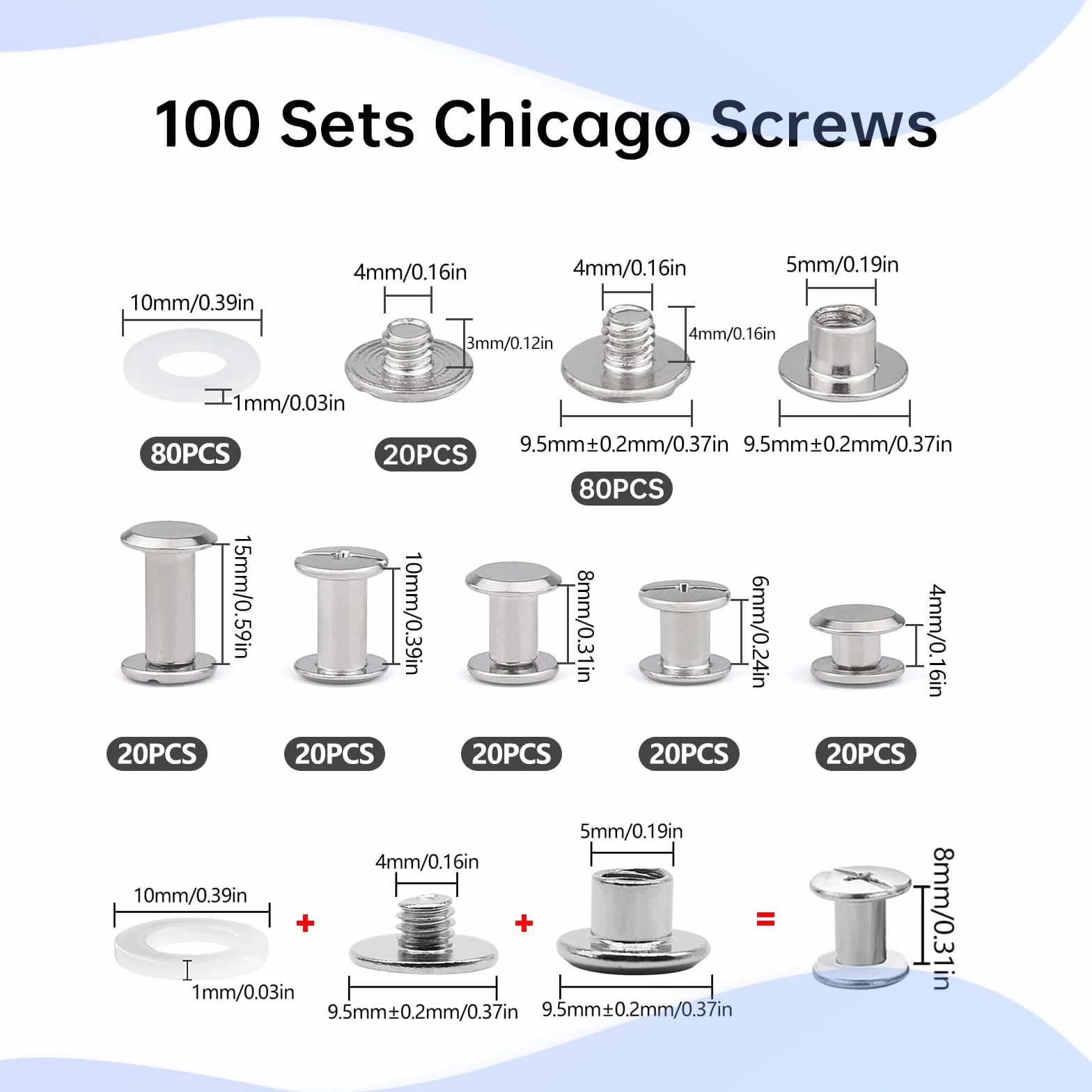 Zestaw 100 sztuk nitów Chicago M5 4-15 mm, metalowe akcesoria do skóry, srebrny