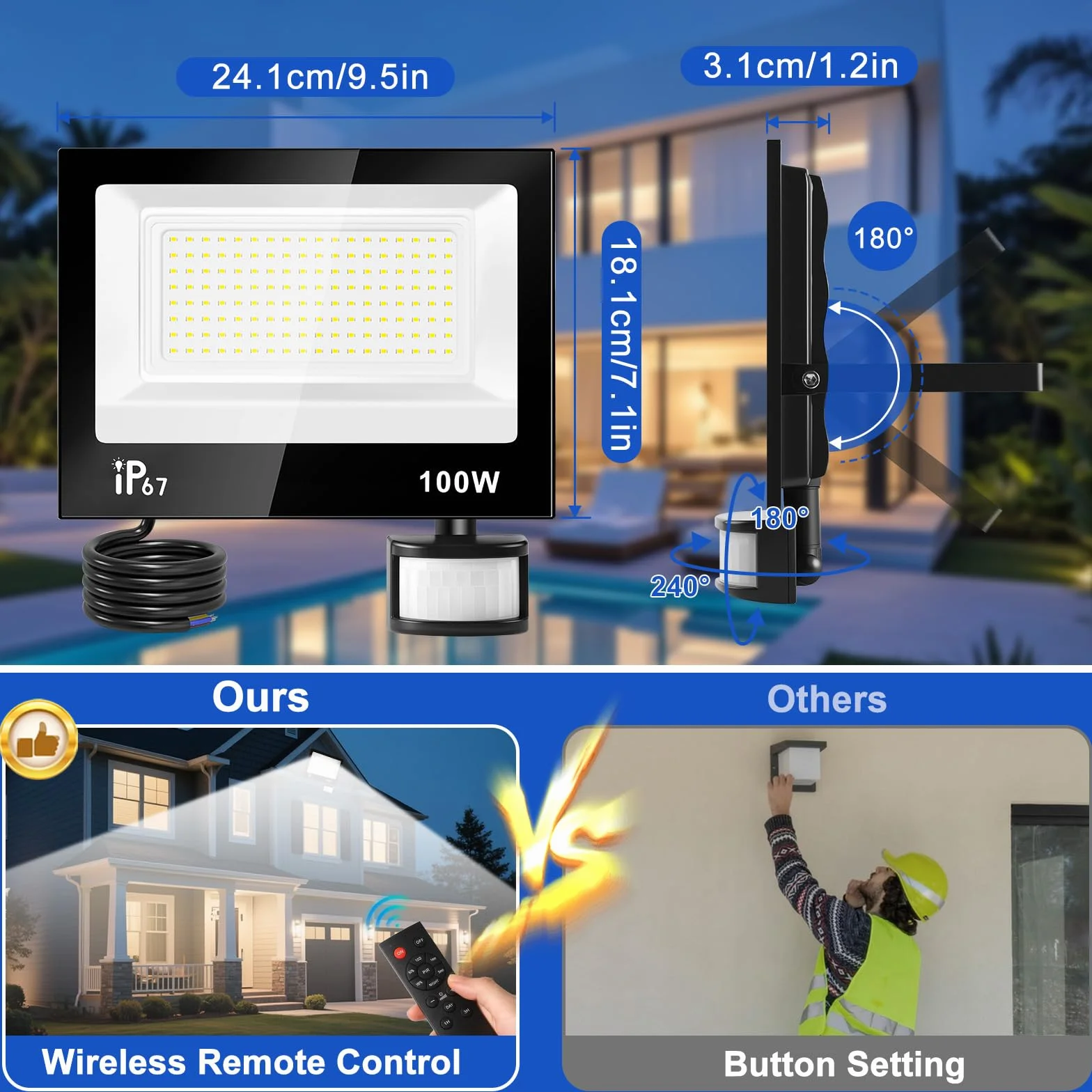 Reflektor LED 100 W z czujnikiem ruchu, na zewnątrz, 4 tryby, 10 poziomów jasności, regulowany reflektor LED z pilotem zdalnego sterowania, 10 000 lm, 7000 K, zimna biel, IP67, wodoszczelny