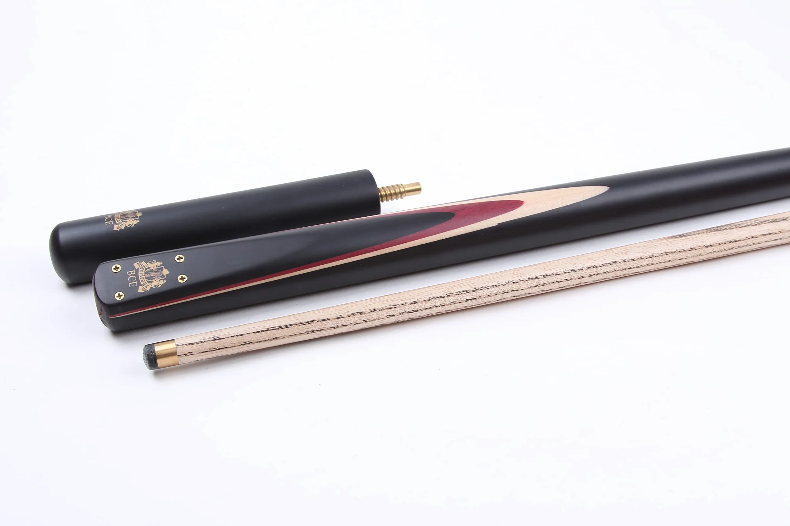 BCE Heritage Sapele Mahogany ¾ Cut Snooker Cue – końcówka 145 cm – 9,5 mm z przedłużeniem 15 cm i twardym etui + zestaw akcesoriów zawierający końcówki łosia ROS, kredę trójkątną i ręcznik Riley Cue.