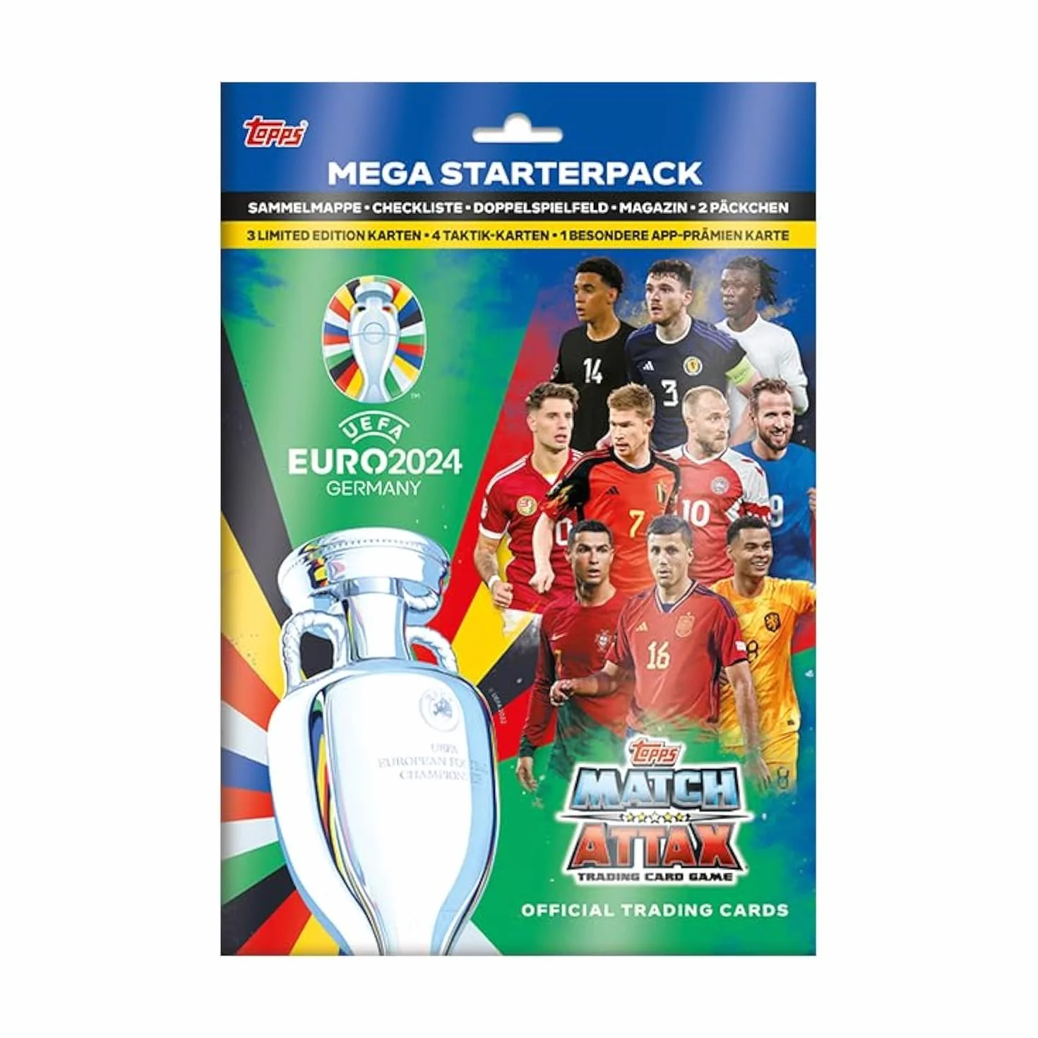 Topps Match Attax Euro 2024 – Mega Starter Pack – zawiera 16 kart Match Attax EURO 2024, 4 karty Tactic oraz ekskluzywne karty Cristiano Ronaldo oraz Jude’a Bellinghama LE oraz kartę cool Power LE.