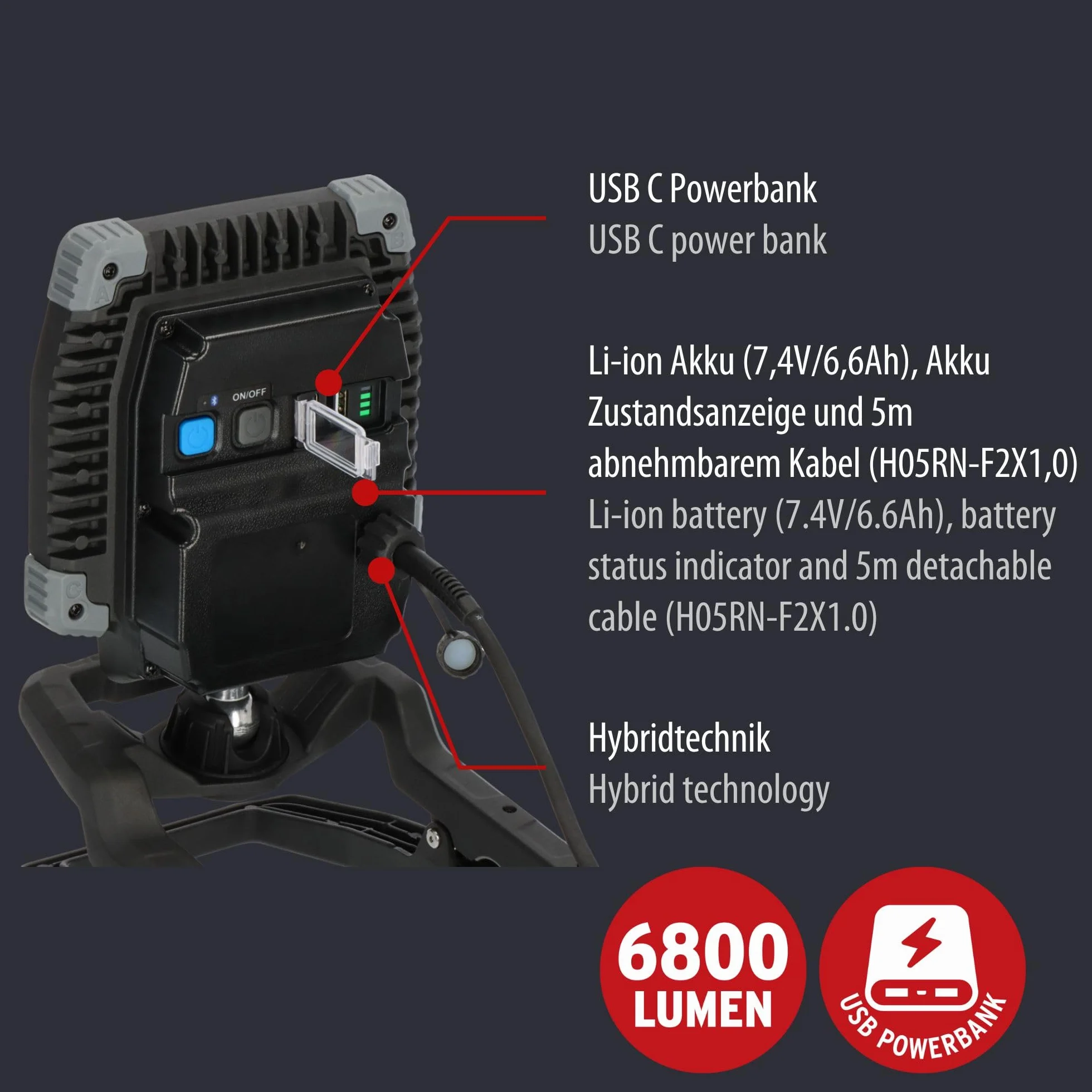 Brennenstuhl Professional LED hybrydowy reflektor budowlany CL 5050 MBAH 50W 6800lm IP65