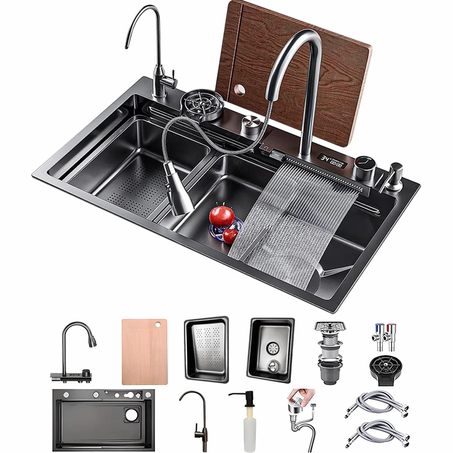 Stainless Steel Waterfall Kitchen Sink Combo with Pull-Out Faucet Nano-Coated Topmount Single Bar Bowl 80x50cm Black-Grey