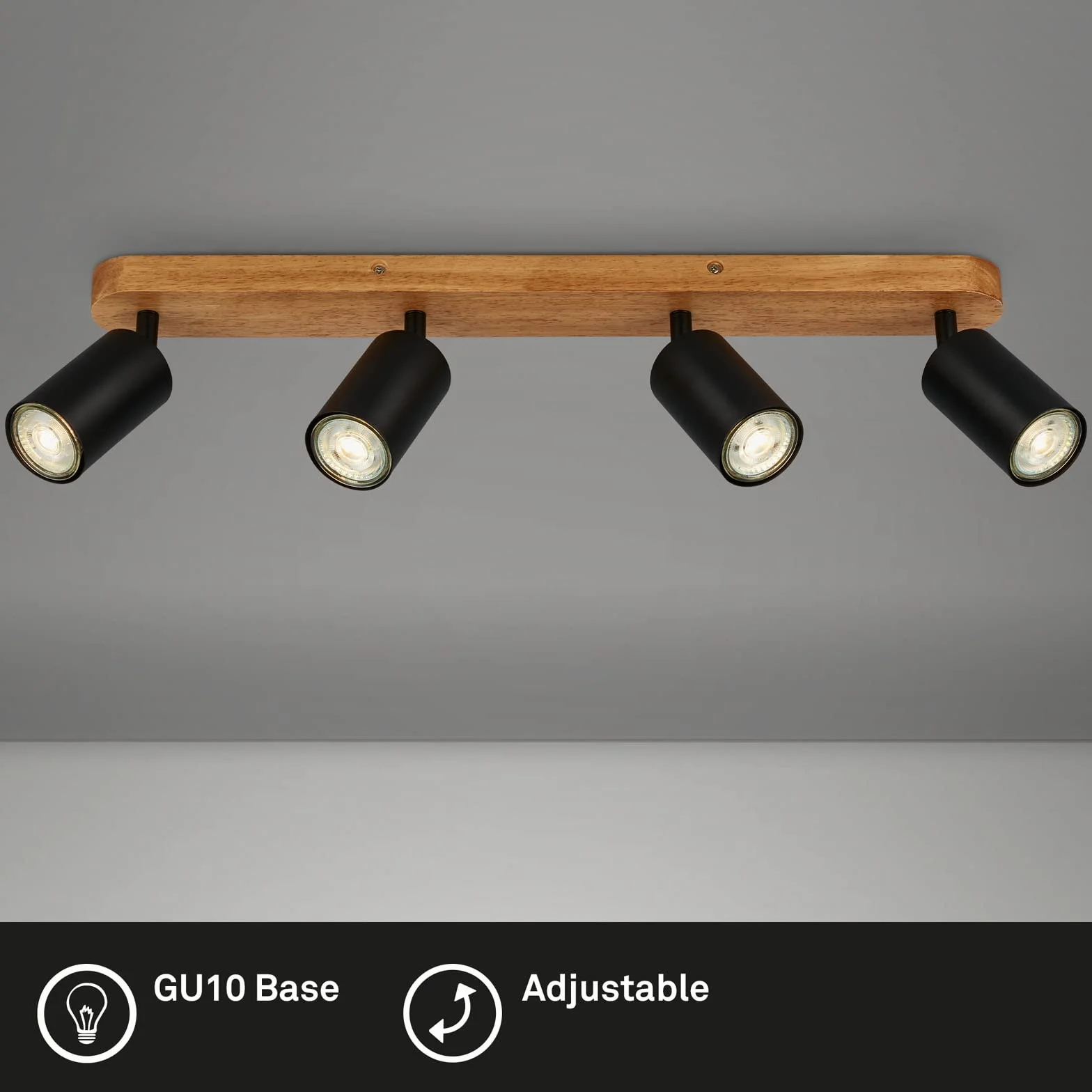 BRILONER - lampa sufitowa retro z drewna, 4 lampy sufitowe vintage, 4x gniazdo GU10, regulowany spot LED, rustykalny spot sufitowy, czarne drewno, 550x60x85 mm