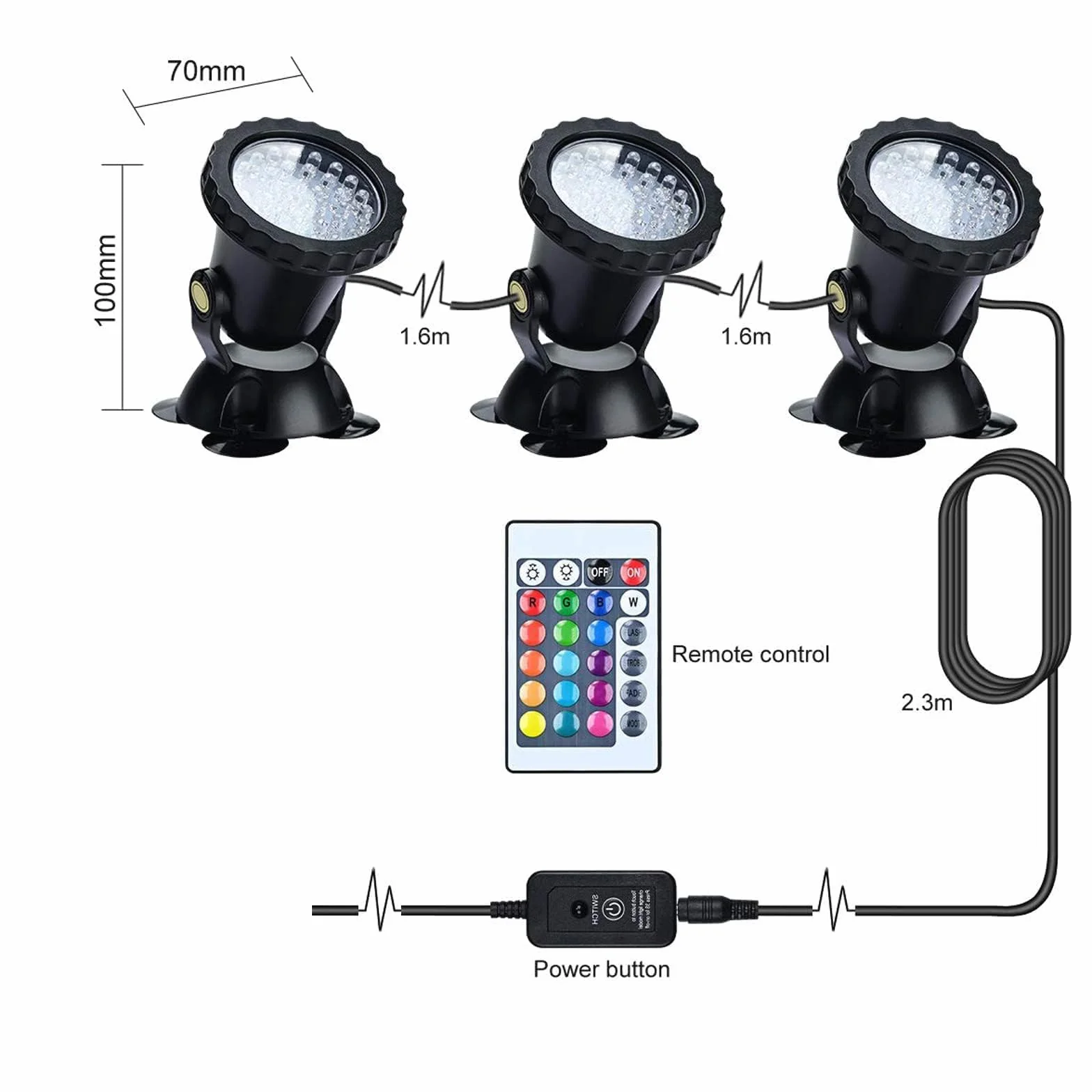 Lychee RGB, reflektor do akwarium, oświetlenie podwodne, oświetlenie zanurzeniowe dla ryb, wodoodporna lampa LED, IP68, regulowany kąt, światło z pilotem, do basenu i fontanny w ogrodzie, 3 sztuki