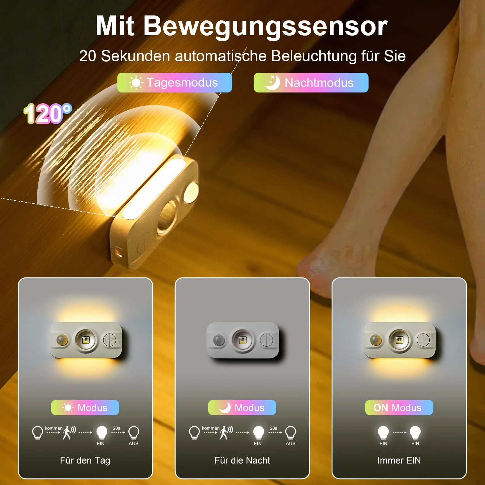 Auting Oświetlenie szafy z czujnikiem ruchu, 7 kolorów, mini oświetlenie witryny LED z timerem, ładowanie przez USB, ściemniana, ciepła biel, lampka nocna do sypialni, oświetlenie schodów, kuchni