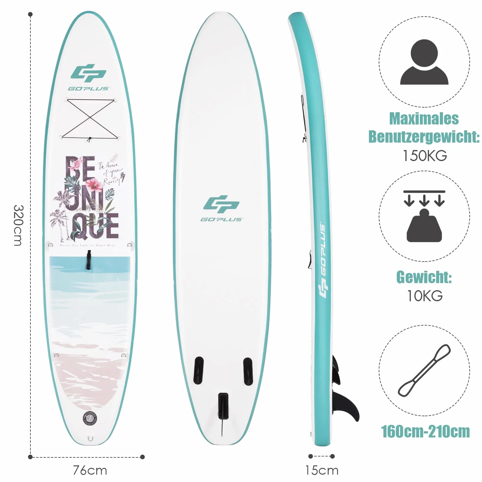 COSTWAY Deska do paddleboardingu, w zestawie plecak, pompka, regulowane wiosło, linka bezpieczeństwa, lina bungee i zestaw naprawczy, nadmuchiwana deska SUP 150 kg
