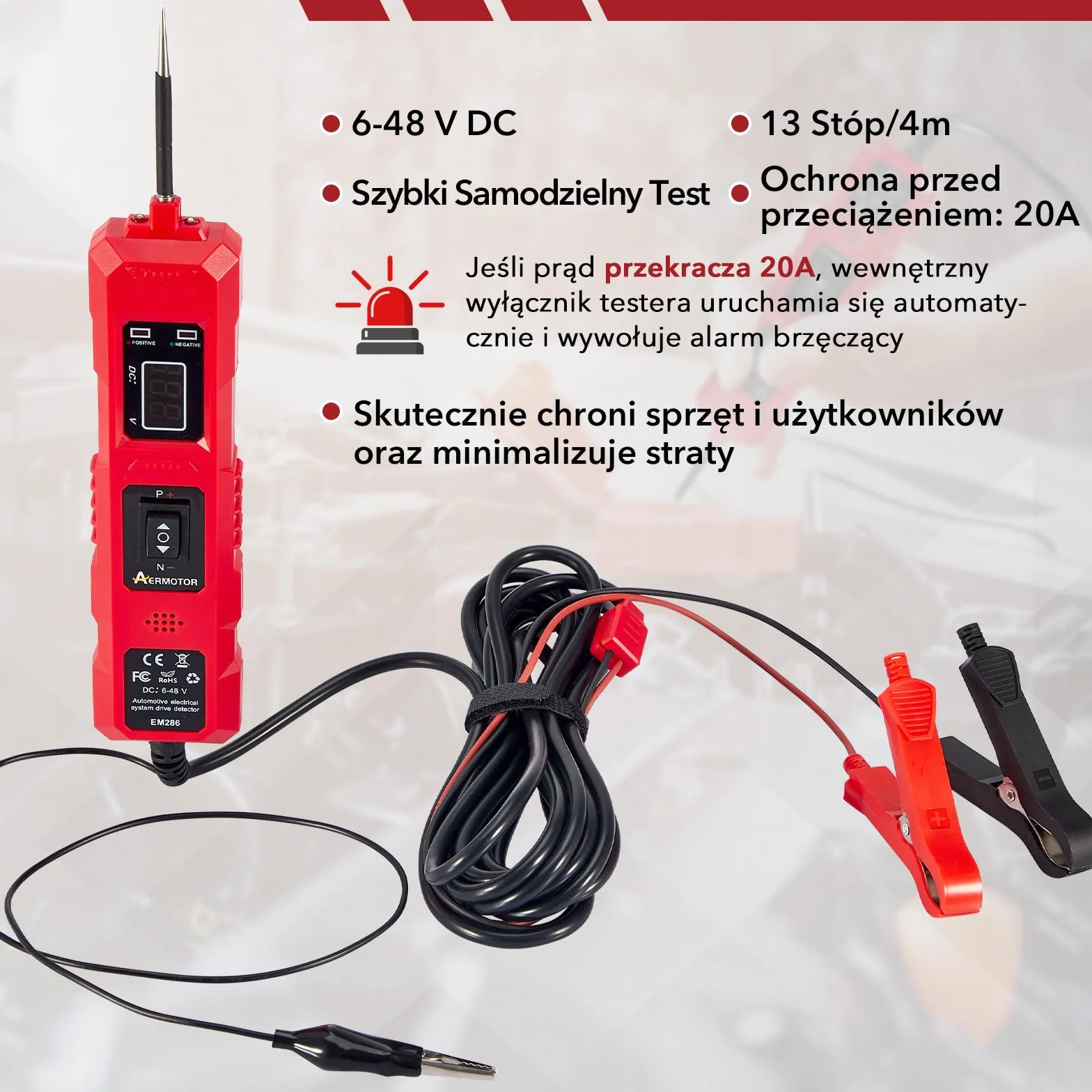 Carbole DC 6-48V Wielofunkcyjny Tester Obwodów Samochodowych, Wyposażony w Sondę Zasilania, System Wskaźnika LED i 13-stopowy (4-metrowy) Kabel, Do Sprawdzania Zwarcia, Polarności i Ciągłości