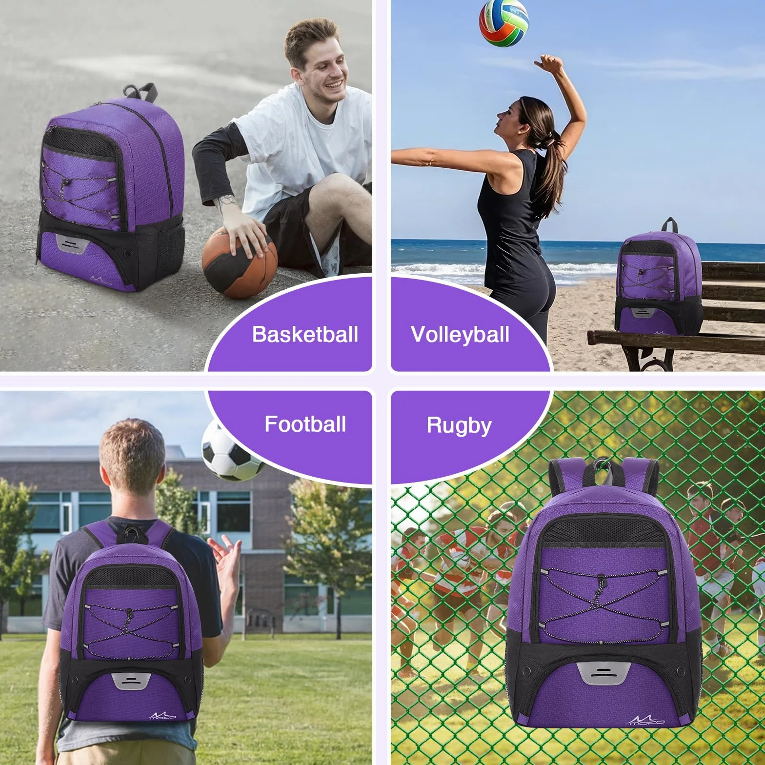 MoKo Basketball Bag Backpack, Soccer Backpack for Men & Women with Separate Ball and Shoes Compartments, Water-Resistant, Fence Hook, Sports Bag for Clothes, Shoes, Tablets, Laptops, Purple