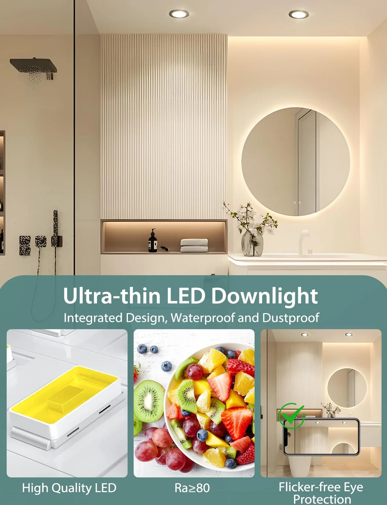 Aigostar LED Downlight wpuszczany w sufit, 4,8 W, IP65, wodoodporny, Bull's Eyes, naturalne światło 4000 K, bardzo płaski, łazienkowy, LED Downlight, ø87*H35 mm, 6 szt.