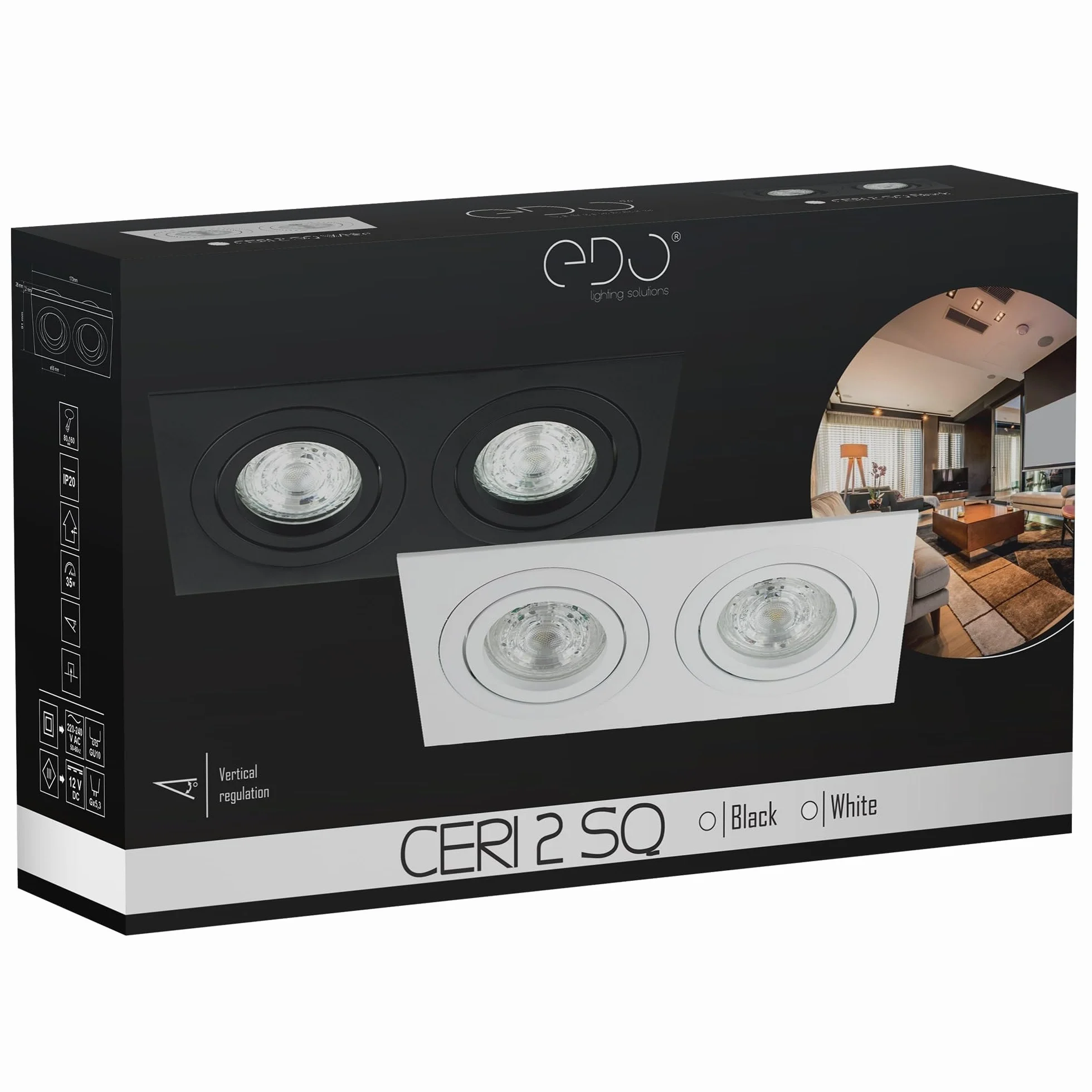 EDO Reflektor Podtynkowy 35W Czarny Kwadrat Podwójny Regulowany CERI - Oprawa Sufitowa Wpuszczana GU10 Aluminiowa