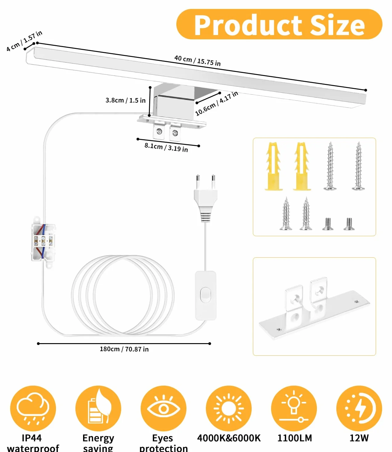 Nowoczesne oświetlenie łazienkowe LED Vanity, 4000K 6000K dwutonowa temperatura, 40cm 12W Wodoodporna aluminiowa lampa lustrzana z przełącznikiem okablowania, oświetlenie ścienne do makijażu łazience