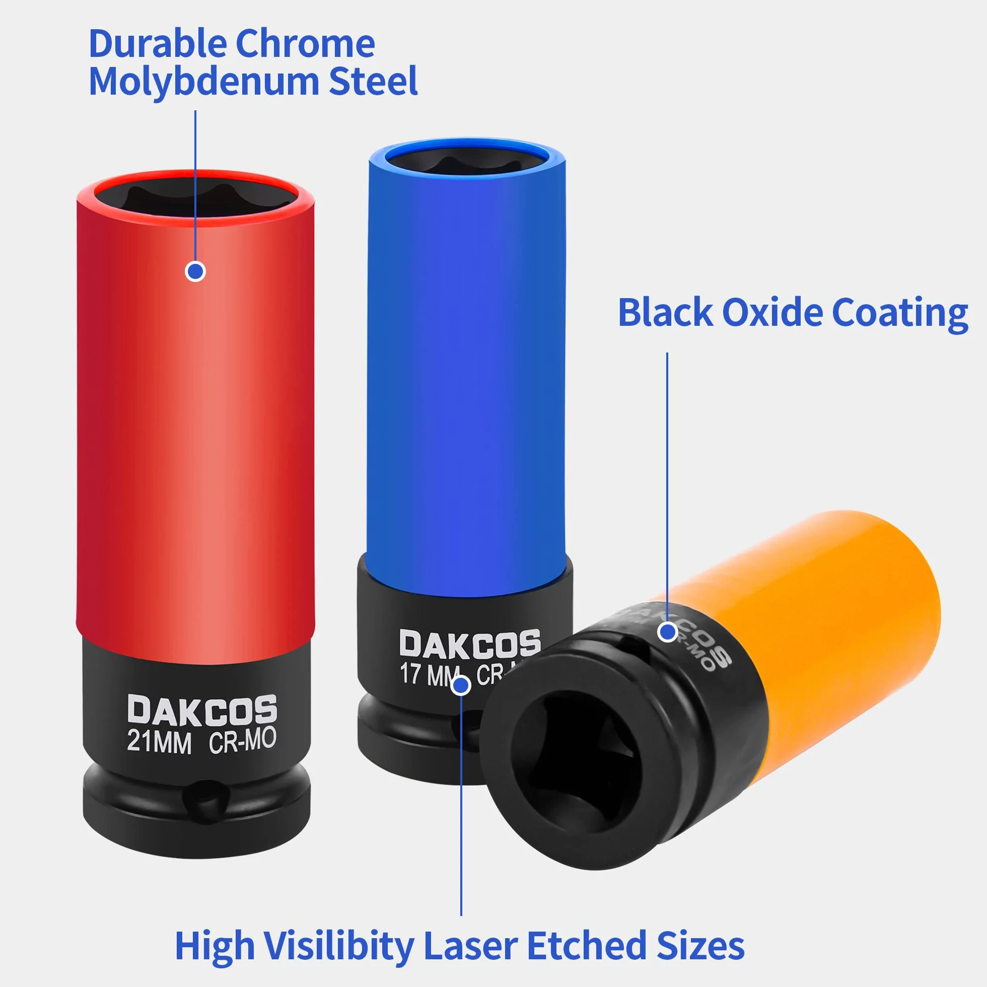 DAKCOS 3-częściowe nasadki udarowe 17mm 19mm 21mm 1/2" CR-MO długość 85mm