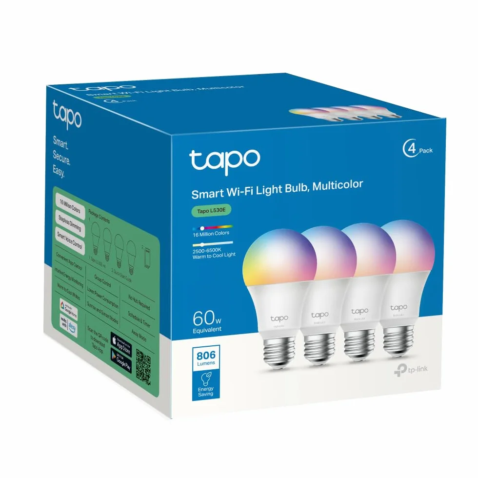 TP-Link Tapo L530E(4-Pack) – Inteligentna żarówka WiFi LED E27, 806 lm, regulacja jasności i kolorów, bez potrzeby huba, sterowanie głosowe (Alexa/Google), harmonogramy i aplikacja
